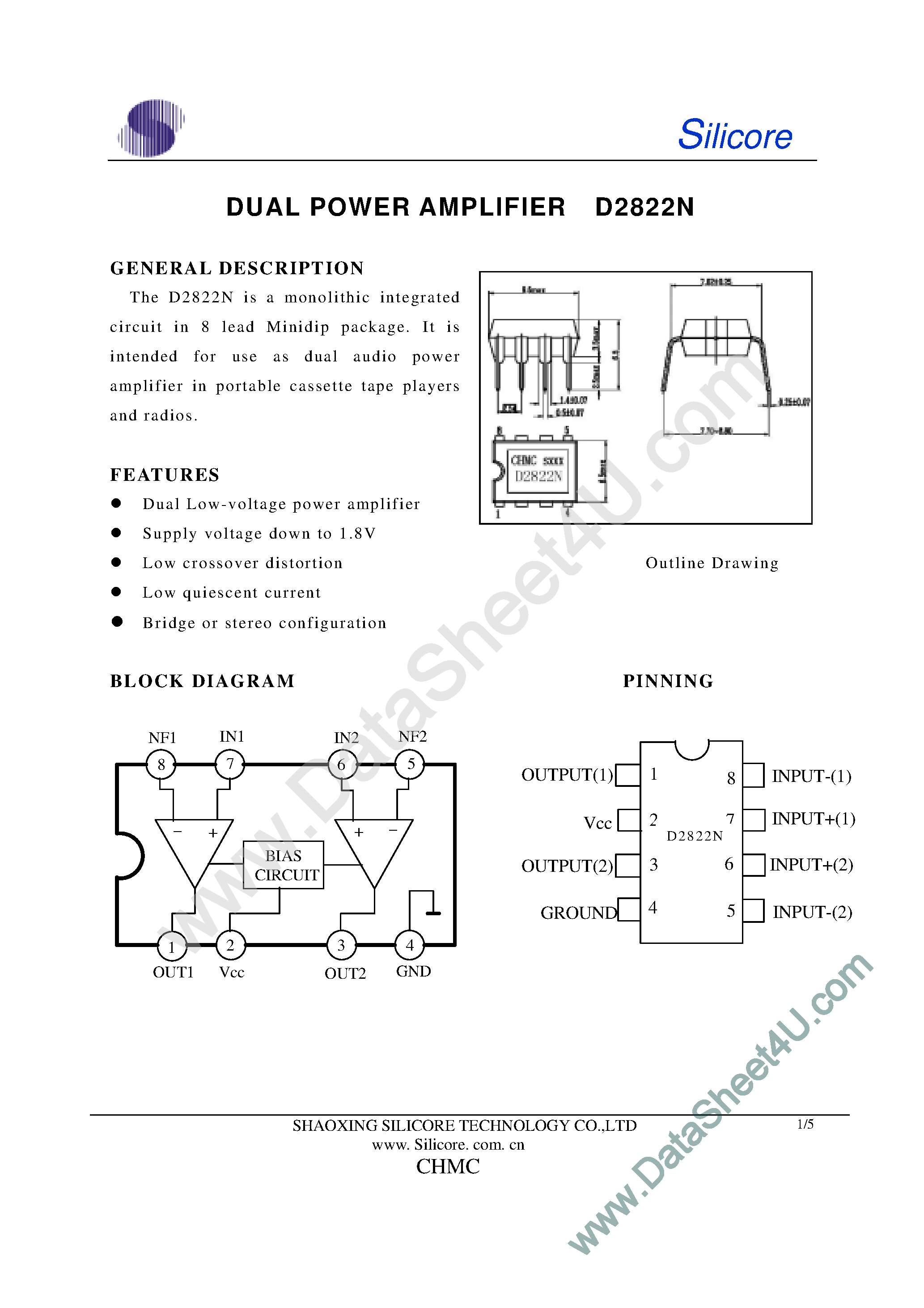 Даташит D2822N - Dual Power Amplifier страница 1