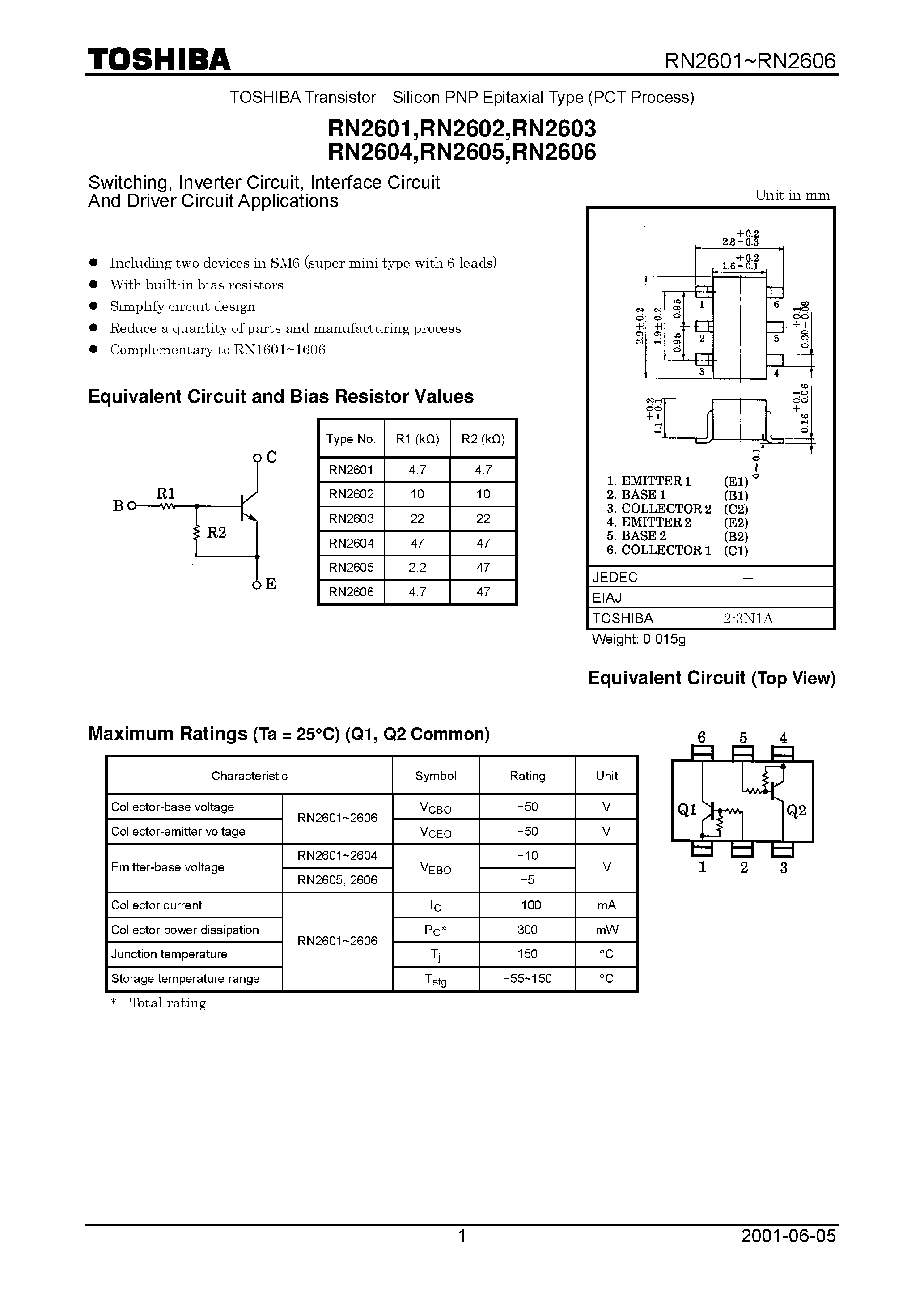 Datasheet RN2601 page 1 Datasheet RN2601 - (RN2601 - RN2606) Switching / Inverter Circuit / Interface Circuit And Driver Circuit Applications page 1