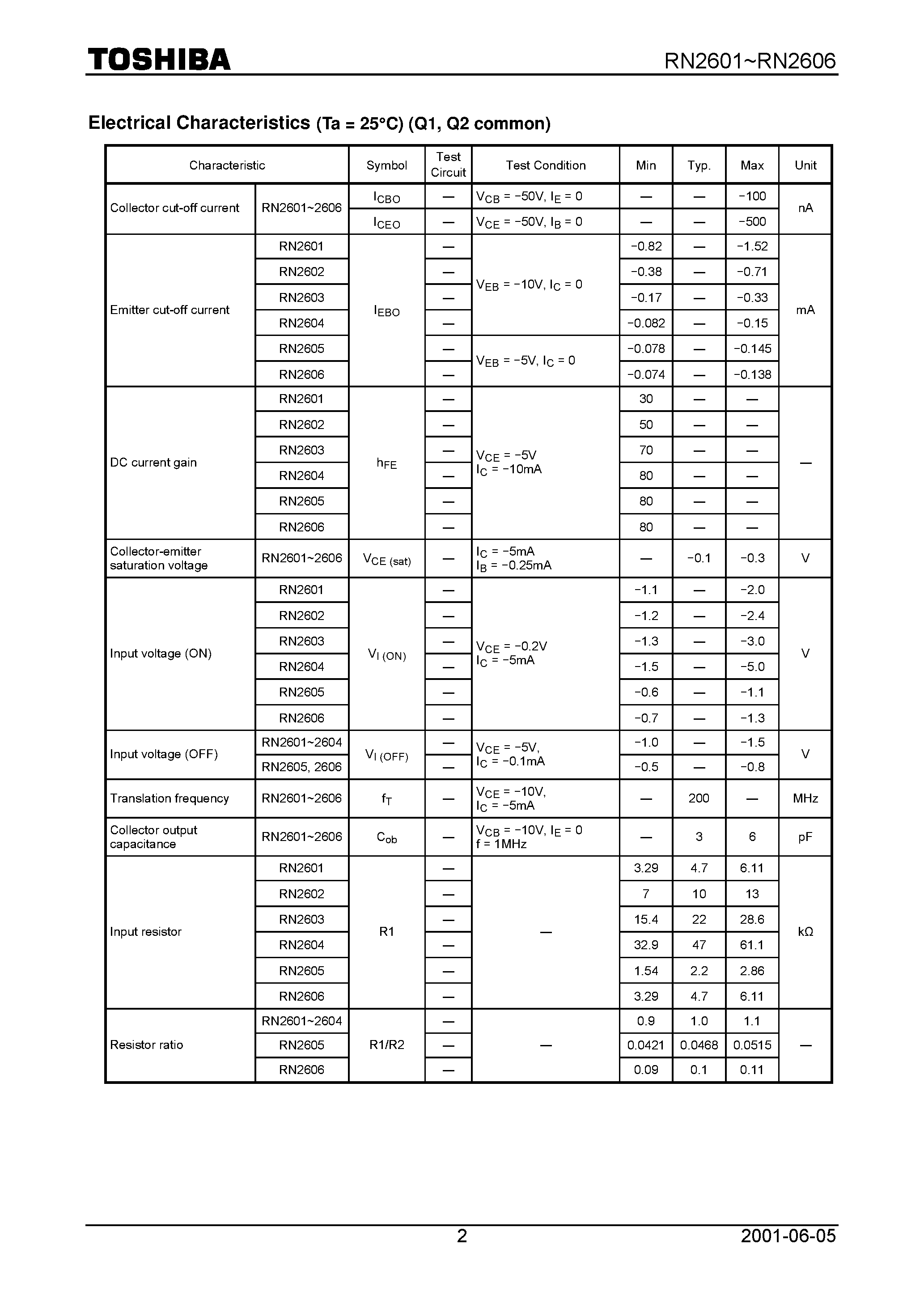 Datasheet RN2601 page 2 Datasheet RN2601 - (RN2601 - RN2606) Switching / Inverter Circuit / Interface Circuit And Driver Circuit Applications page 2