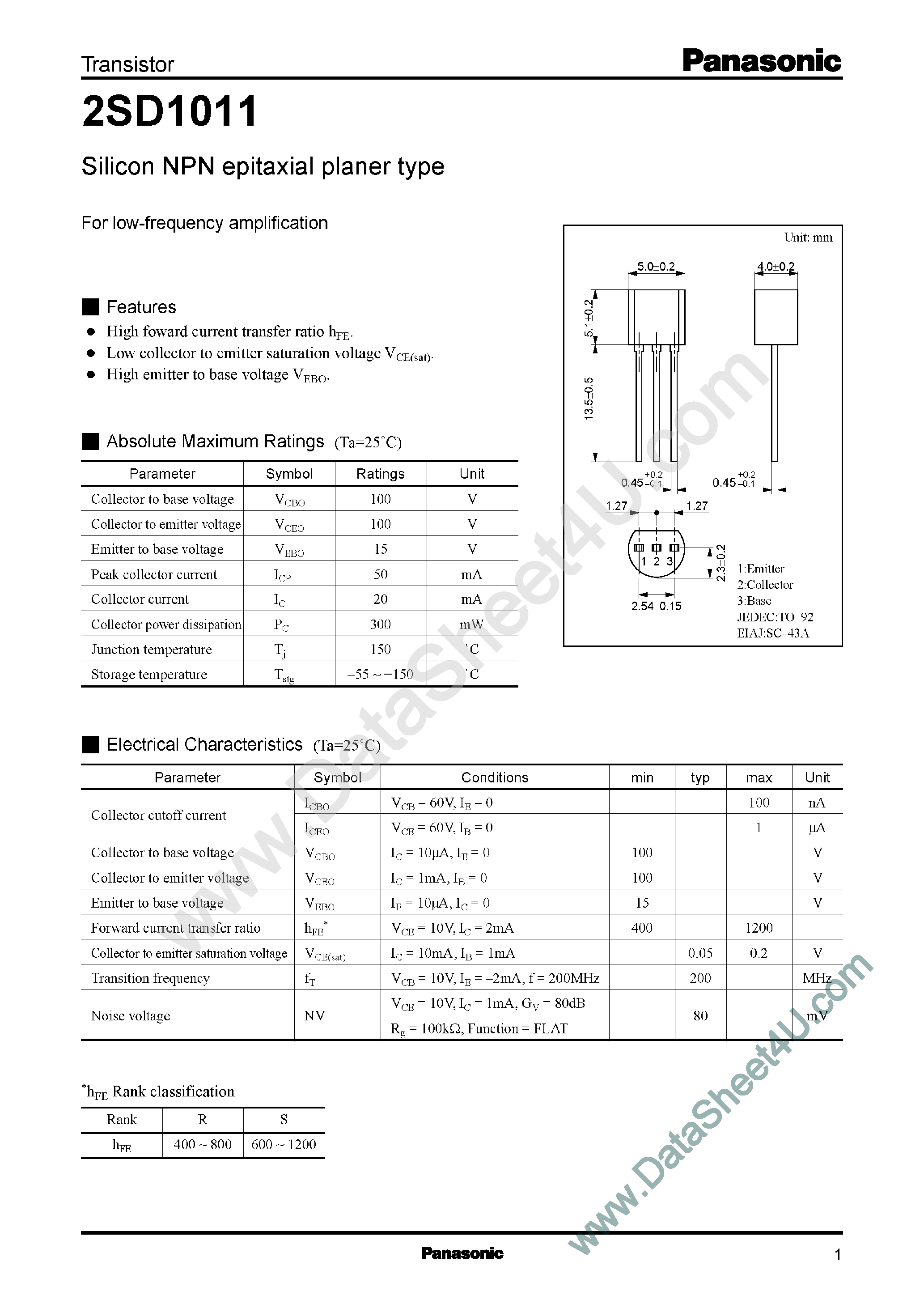 Datasheet 2SD1011 - Silicon NPN epitaxial planer type For low-frequency amplification page 1