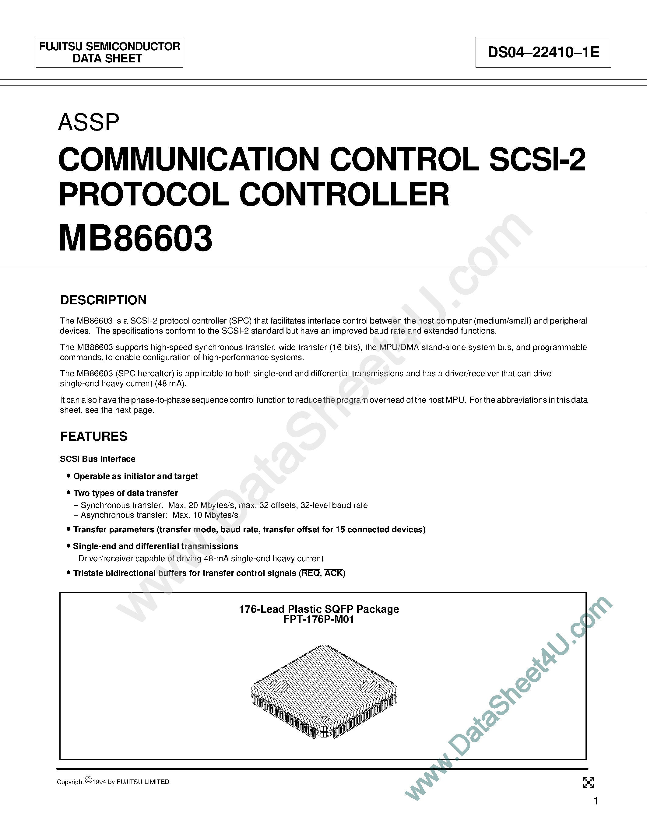 Datasheet MB86603 - Communication Control Scsi-2 Protocol Controller page 1