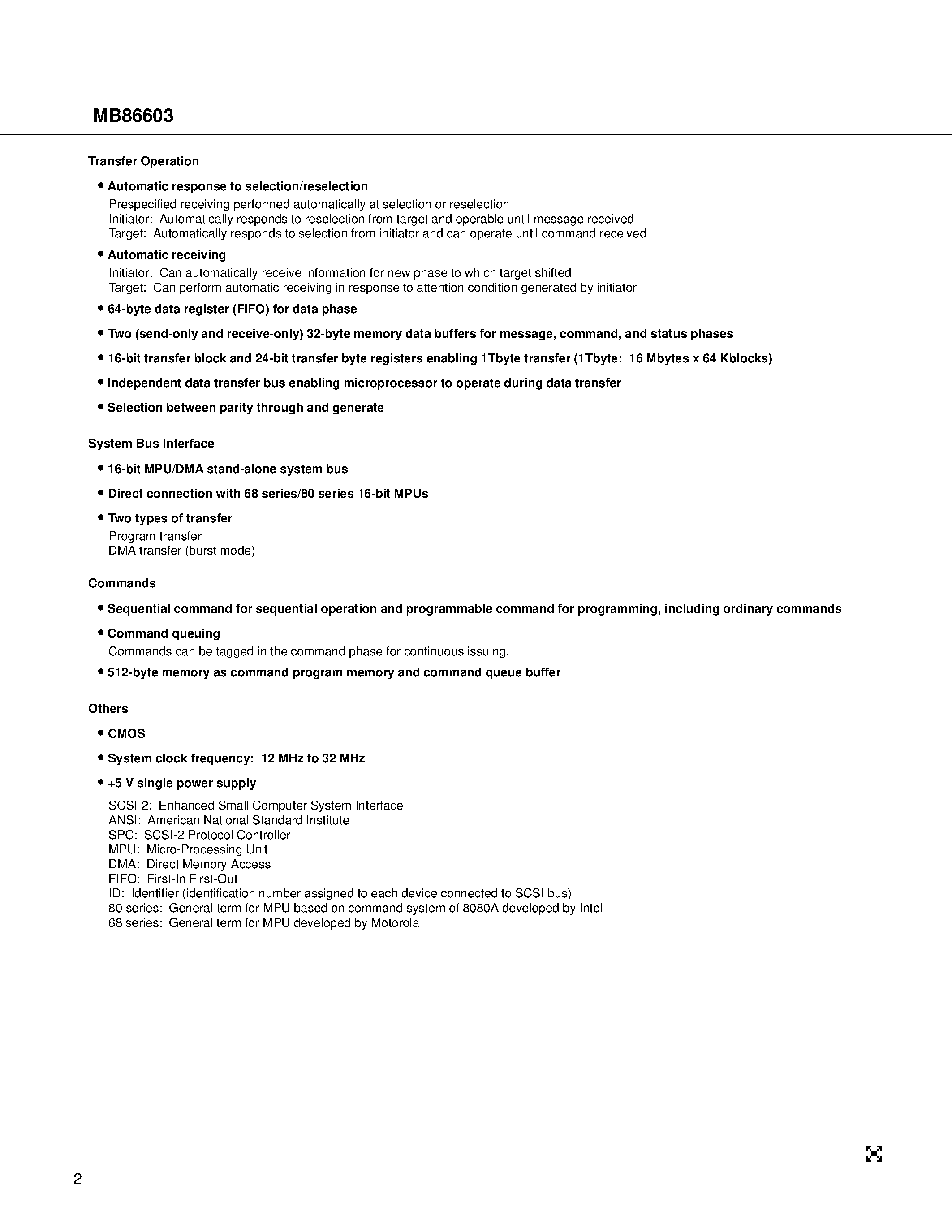 Datasheet MB86603 - Communication Control Scsi-2 Protocol Controller page 2