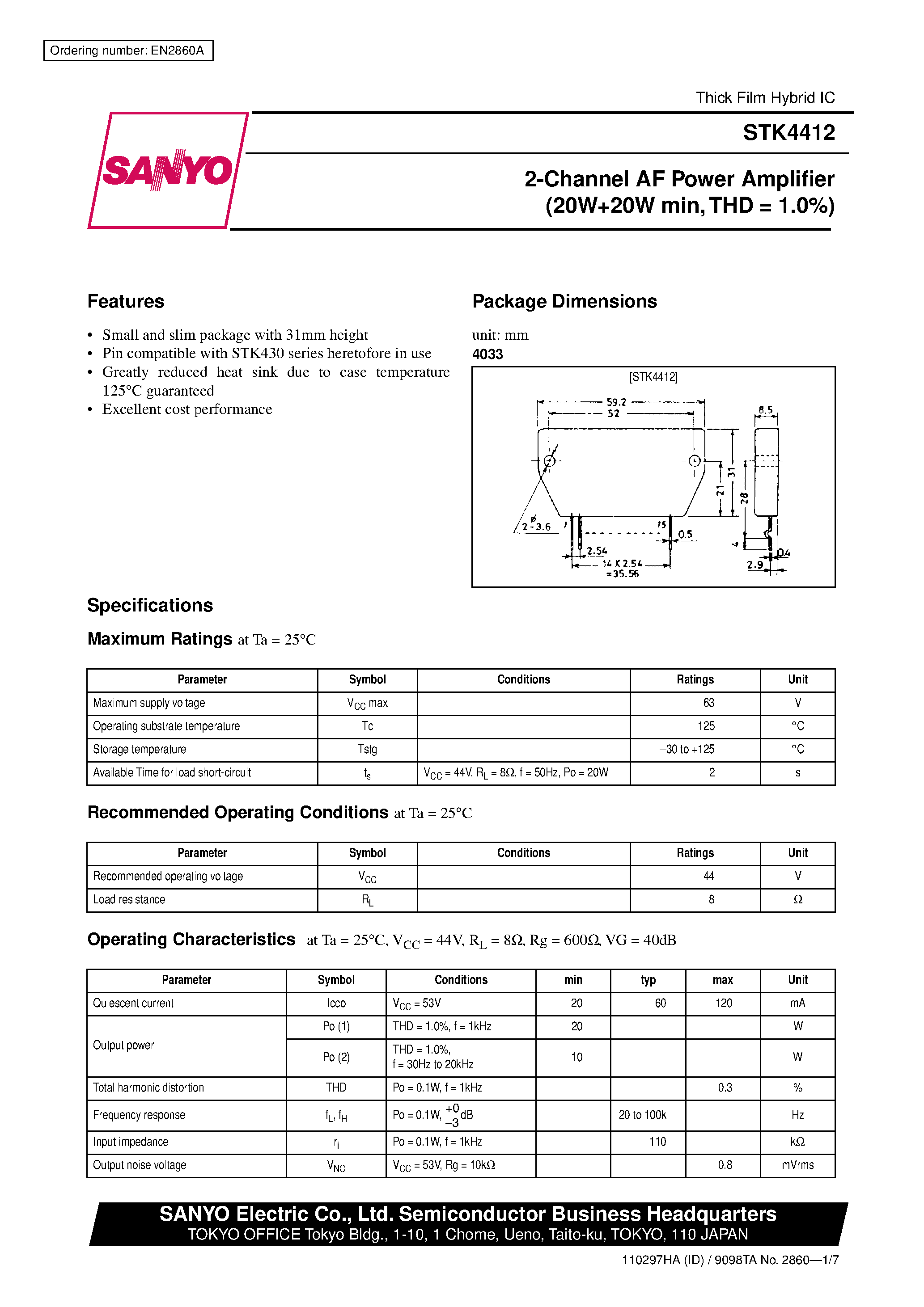 Datasheet STK4412 page 1 Datasheet STK4412 - 2-Channel AF Power Amplifier page 1
