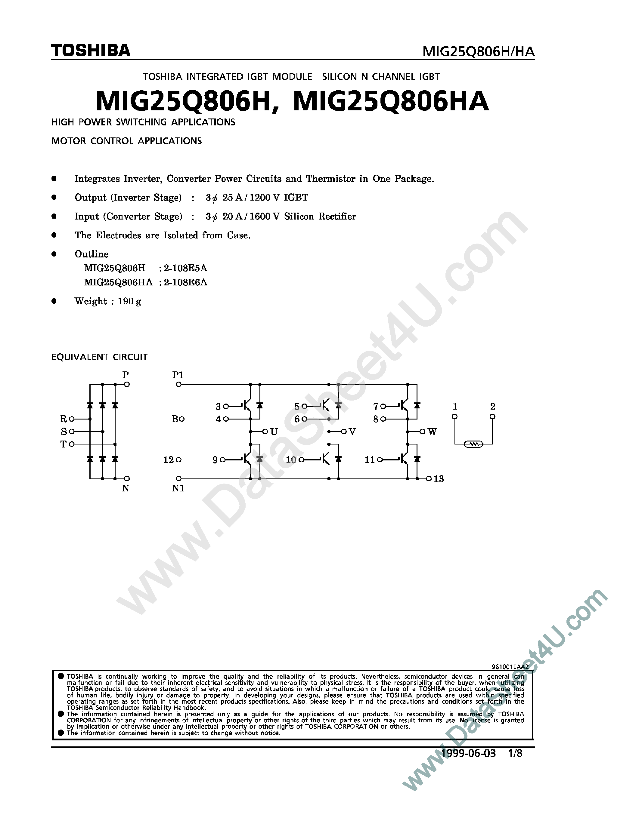 Datasheet MIG25Q806H - Integrated IGBT Module Silicon N-Channel IGBT page 1