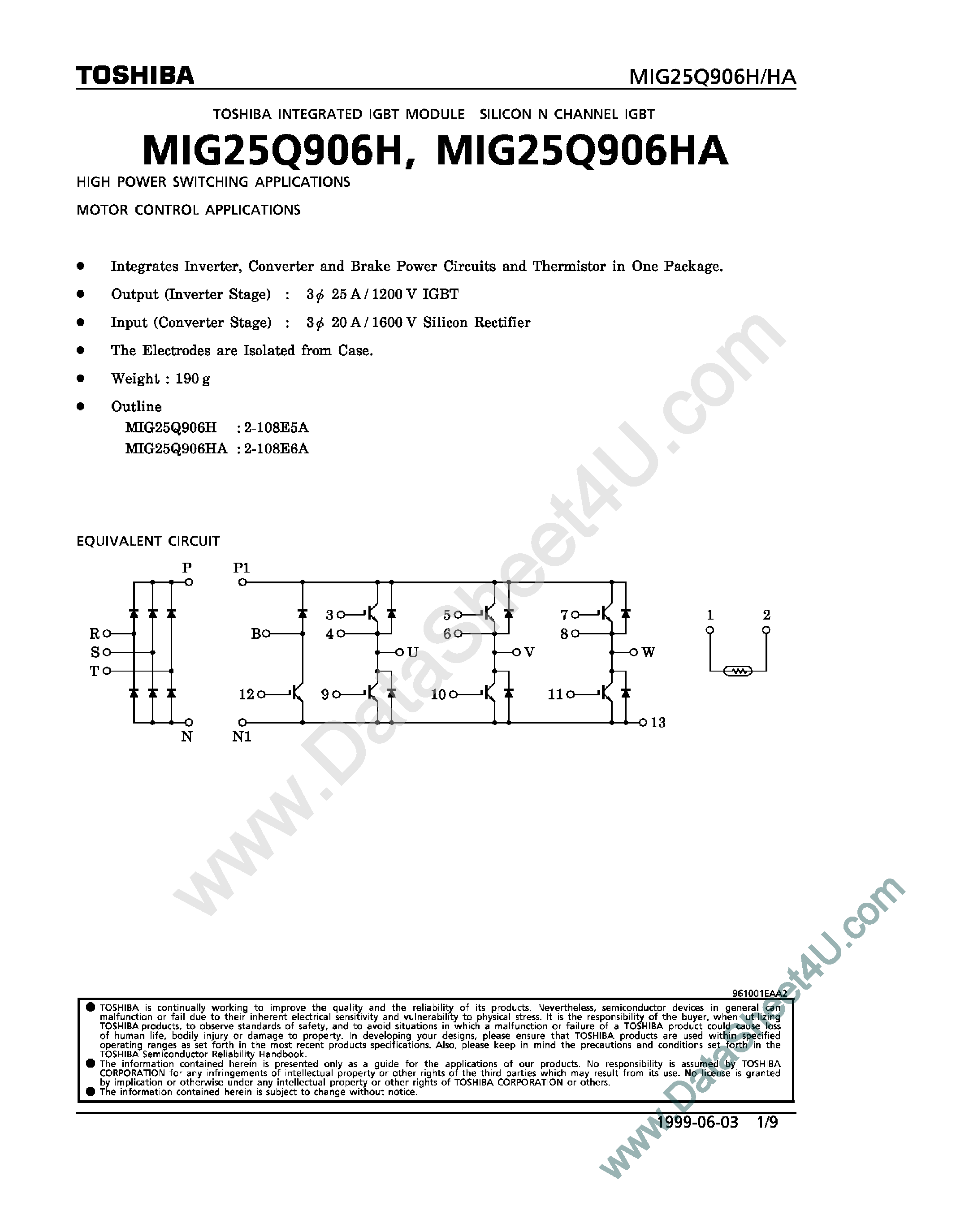 Datasheet MIG25Q906H - Integrated IGBT Module Silicon N-Channel IGBT page 1