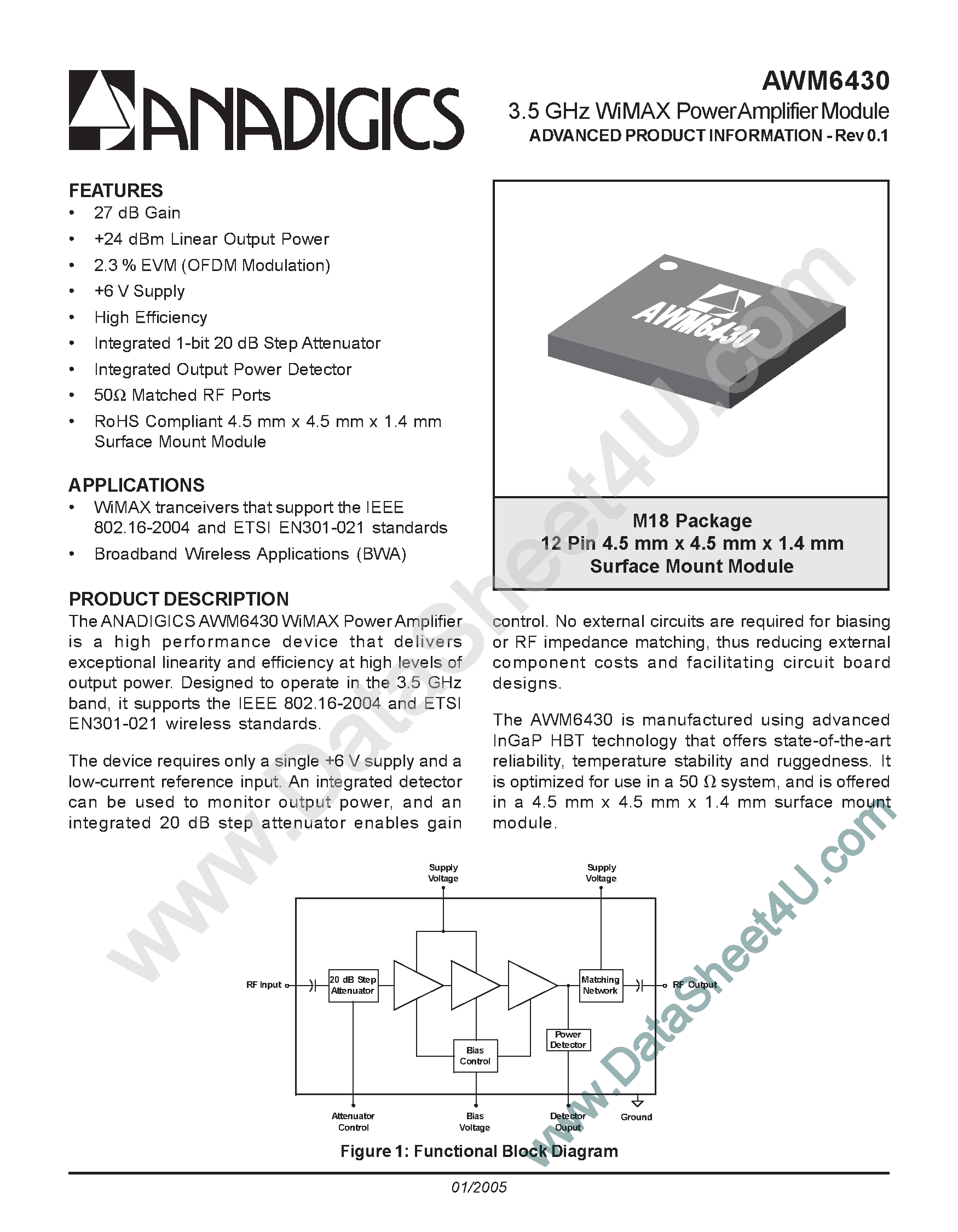 Datasheet AWM6430 - 3.5Ghz WiMAX Power Amplifier Module page 1