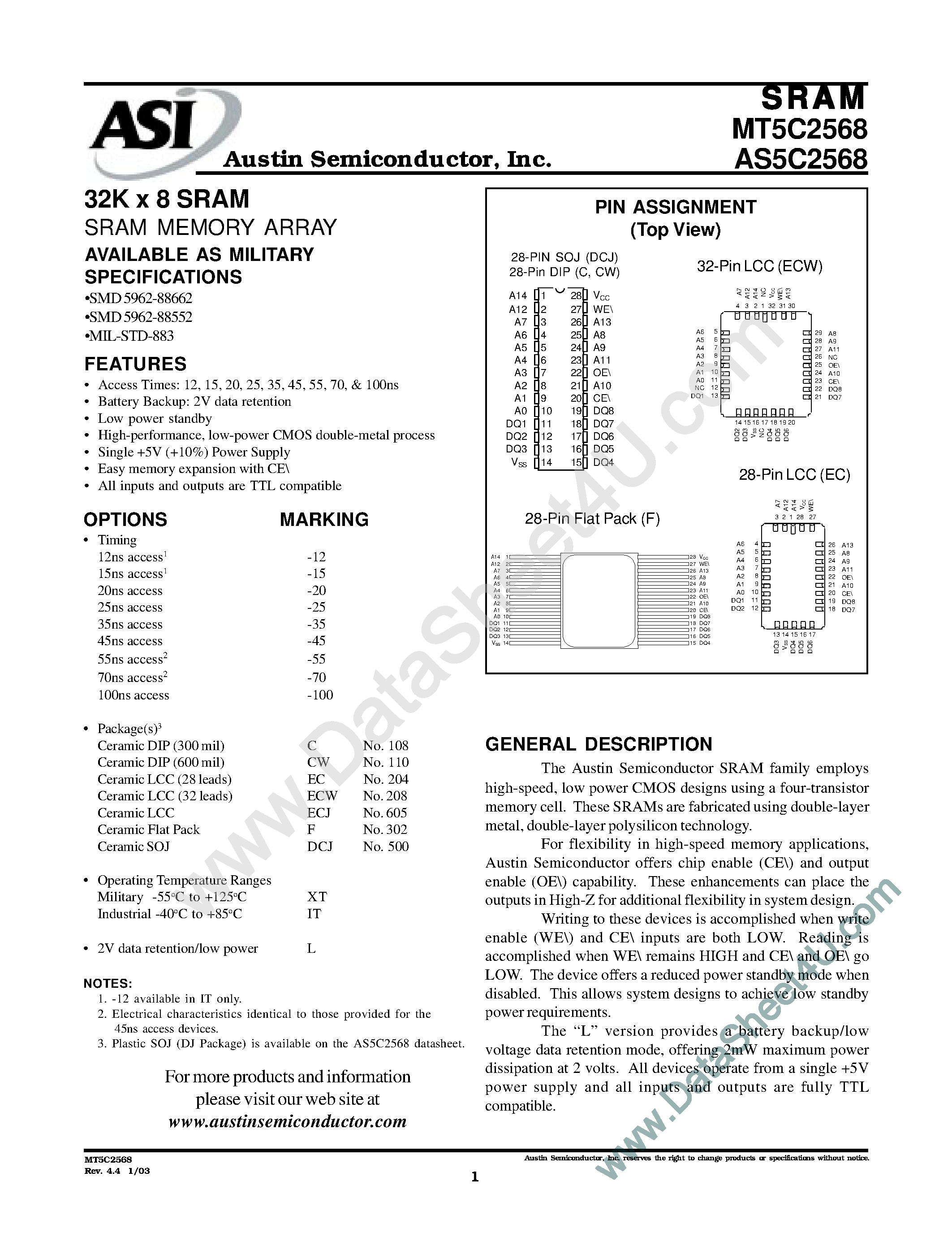 Datasheet MT5C2568 page 1 Datasheet MT5C2568 - 32K x 8 SRAM page 1