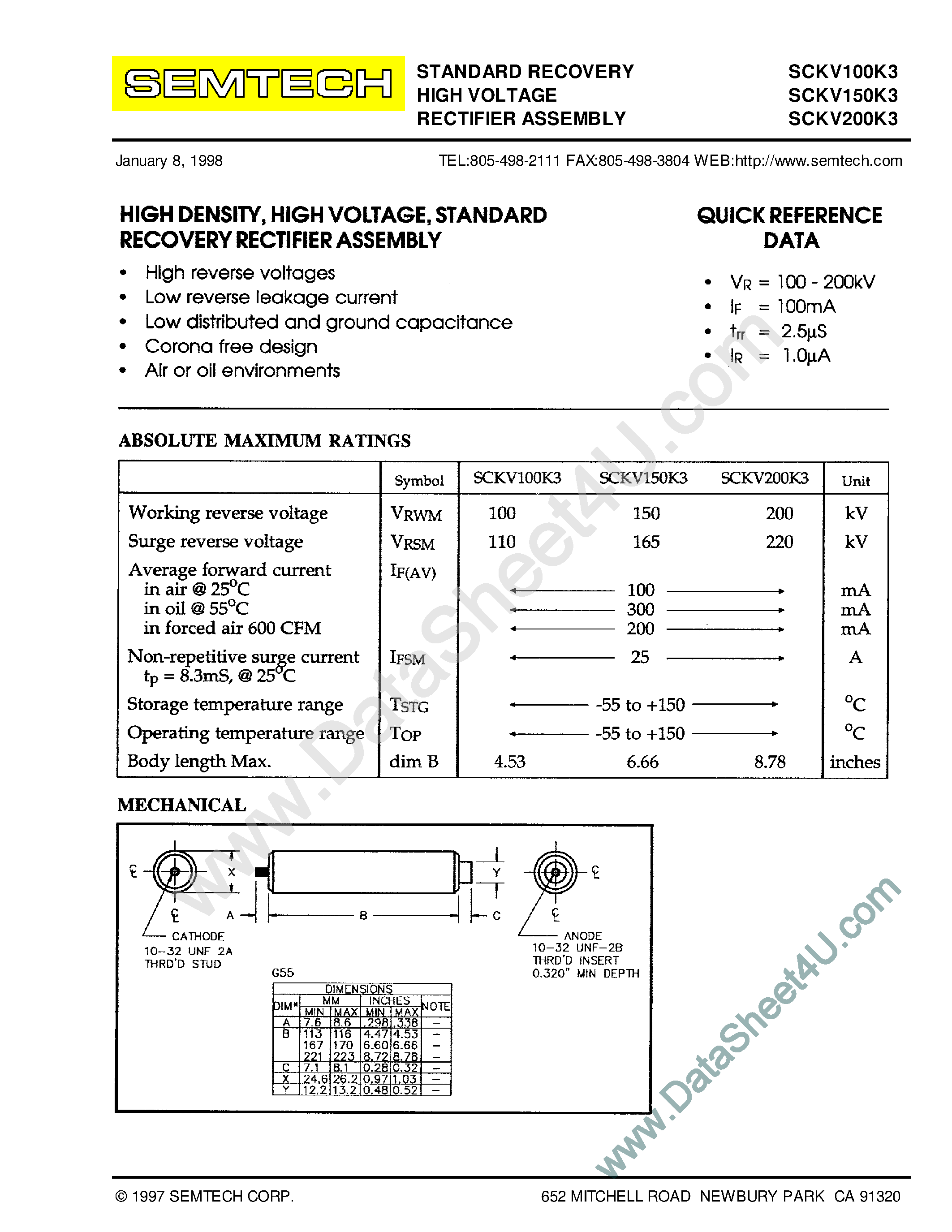 Даташит на микросхему SCKV100K3 страница 1 Даташит SCKV100K3 - (SCKV100K3 - SCKV200K3) Standard Recovery High Voltage Rectifier Assembly страница 1