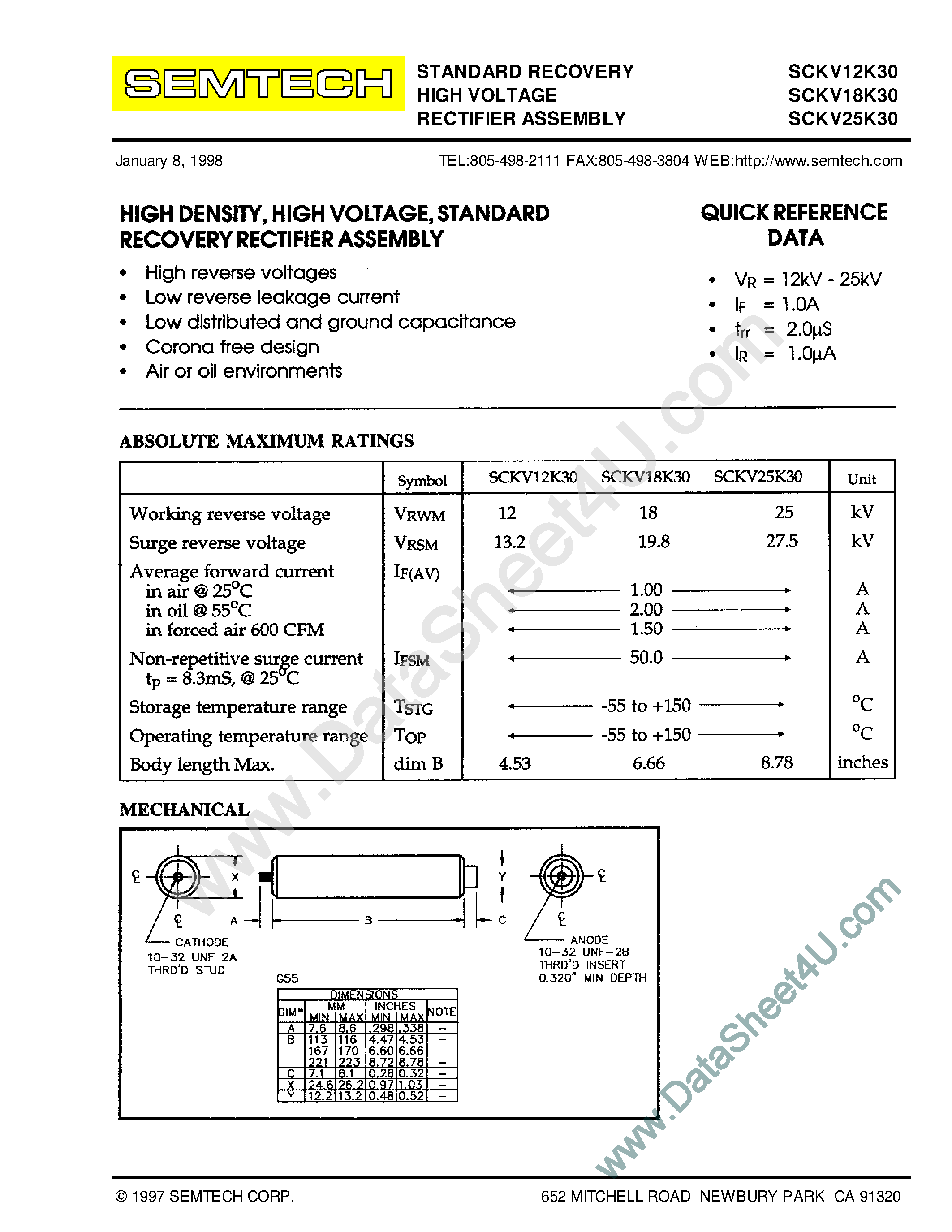 Даташит на микросхему SCKV12K30 страница 1 Даташит SCKV12K30 - (SCKV12K30 - SCKV25K30) Standard Recovery High Voltage Rectifier Assembly страница 1