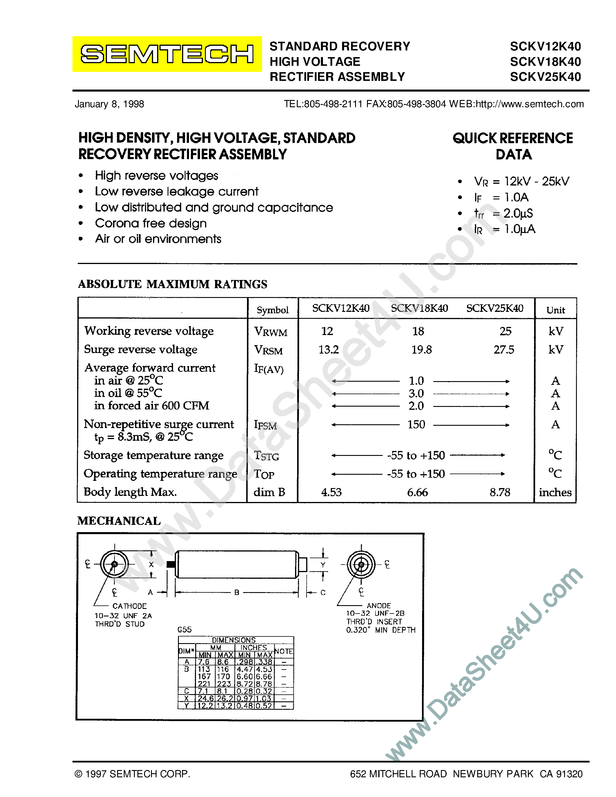 Даташит на микросхему SCKV12K40 страница 1 Даташит SCKV12K40 - (SCKV18K40 - SCKV25K40) Standard Recovery High Voltage Rectifier Assembly страница 1