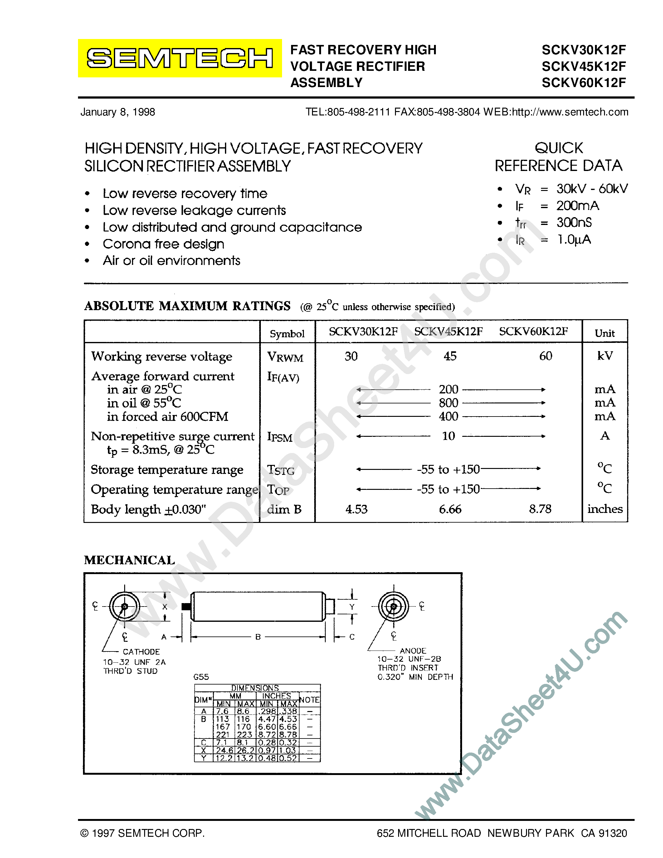 Datasheet SCKV30K12F page 1 Datasheet SCKV30K12F - (SCKV30K12F - SCKV60K12F) Fast Recovery High Voltage Rectifier Assembly page 1