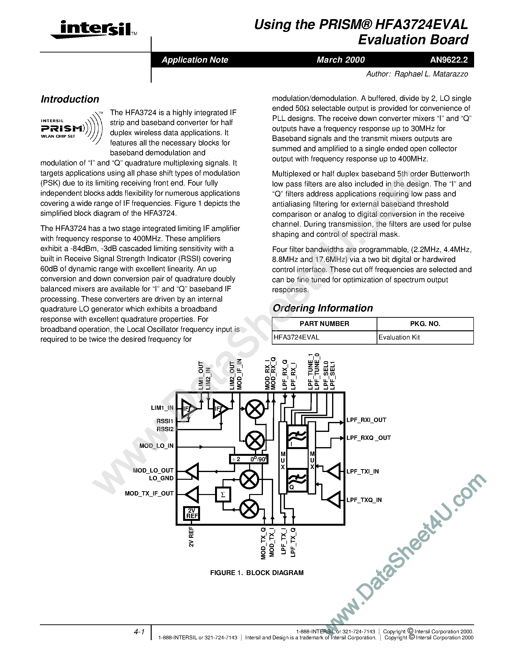 Datasheet AN9622.2 - Using HFA3724EVAL Evaluation Board page 1