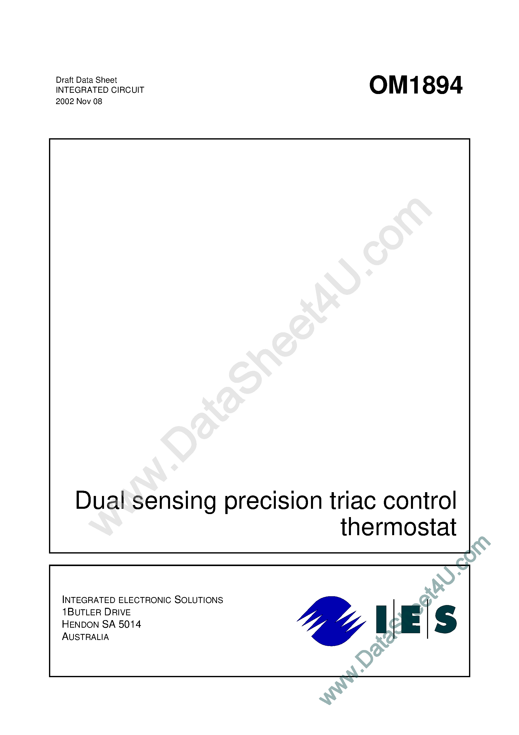 Datasheet OM1894 page 1 Datasheet OM1894 - Dual Sensing precision Triac Control IC page 1