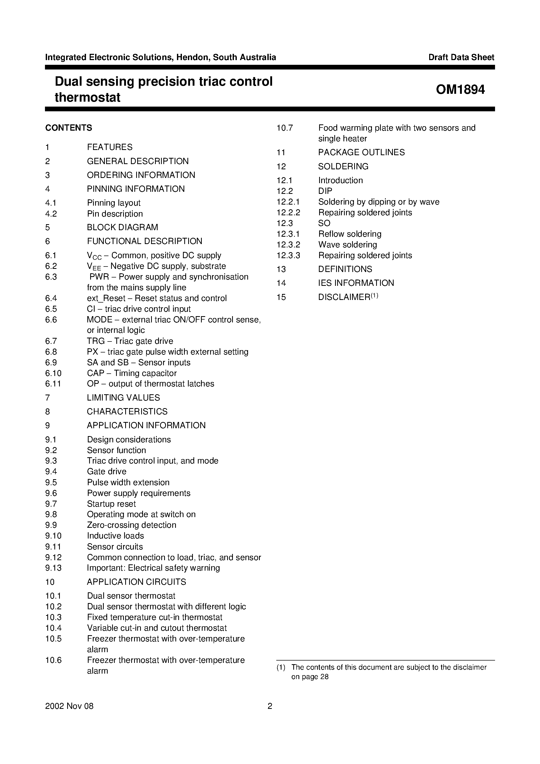 Datasheet OM1894 page 2 Datasheet OM1894 - Dual Sensing precision Triac Control IC page 2
