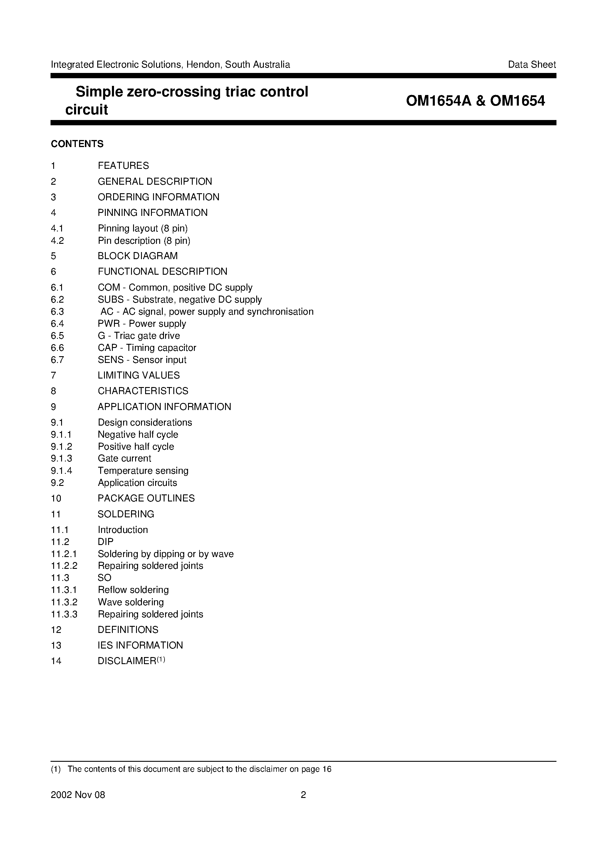 Datasheet OM1654 - Simple Zero Crossing Triac Control Circuit page 2