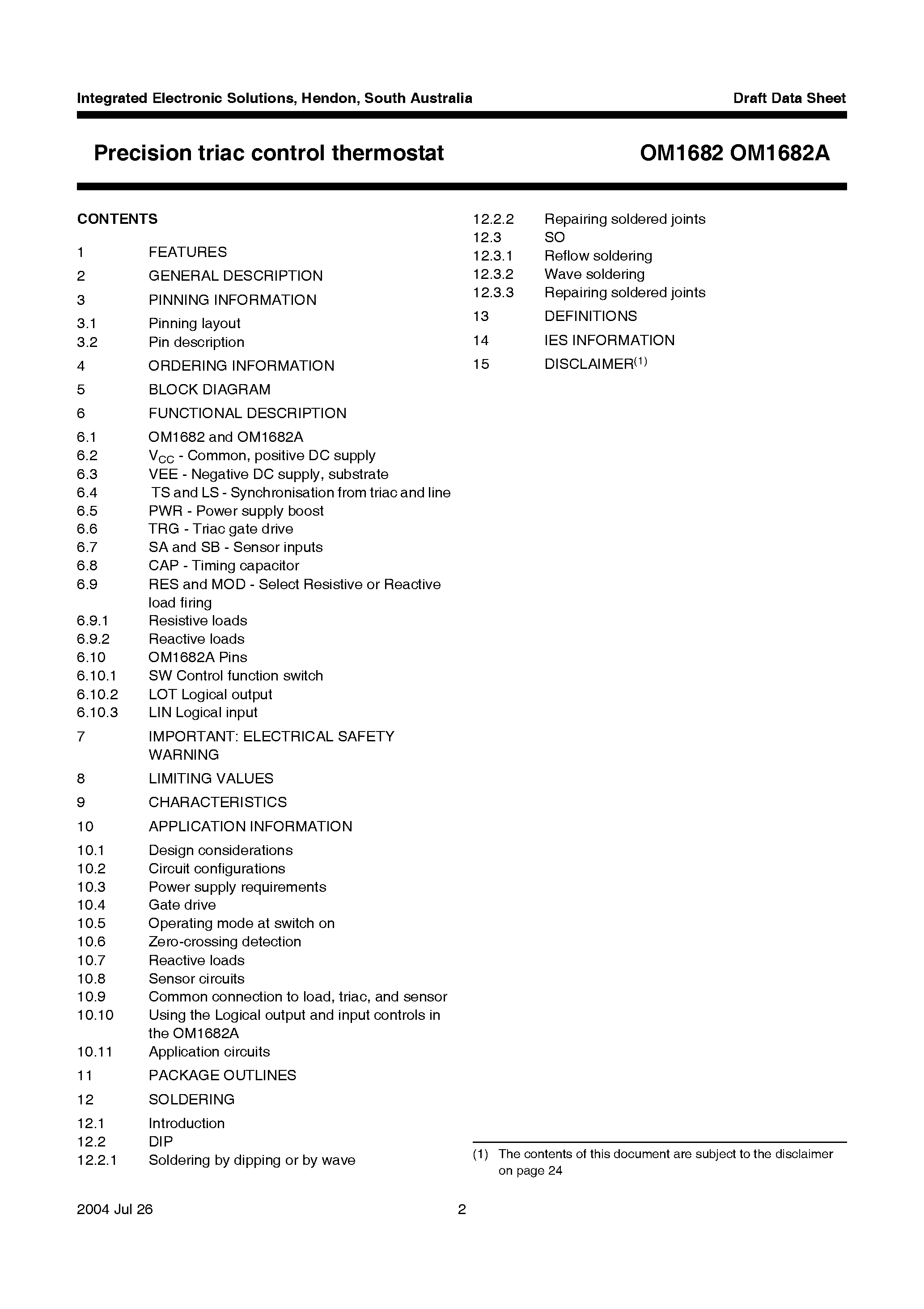 Datasheet OM1682 page 2 Datasheet OM1682 - Precision Triac Control Thermostat page 2