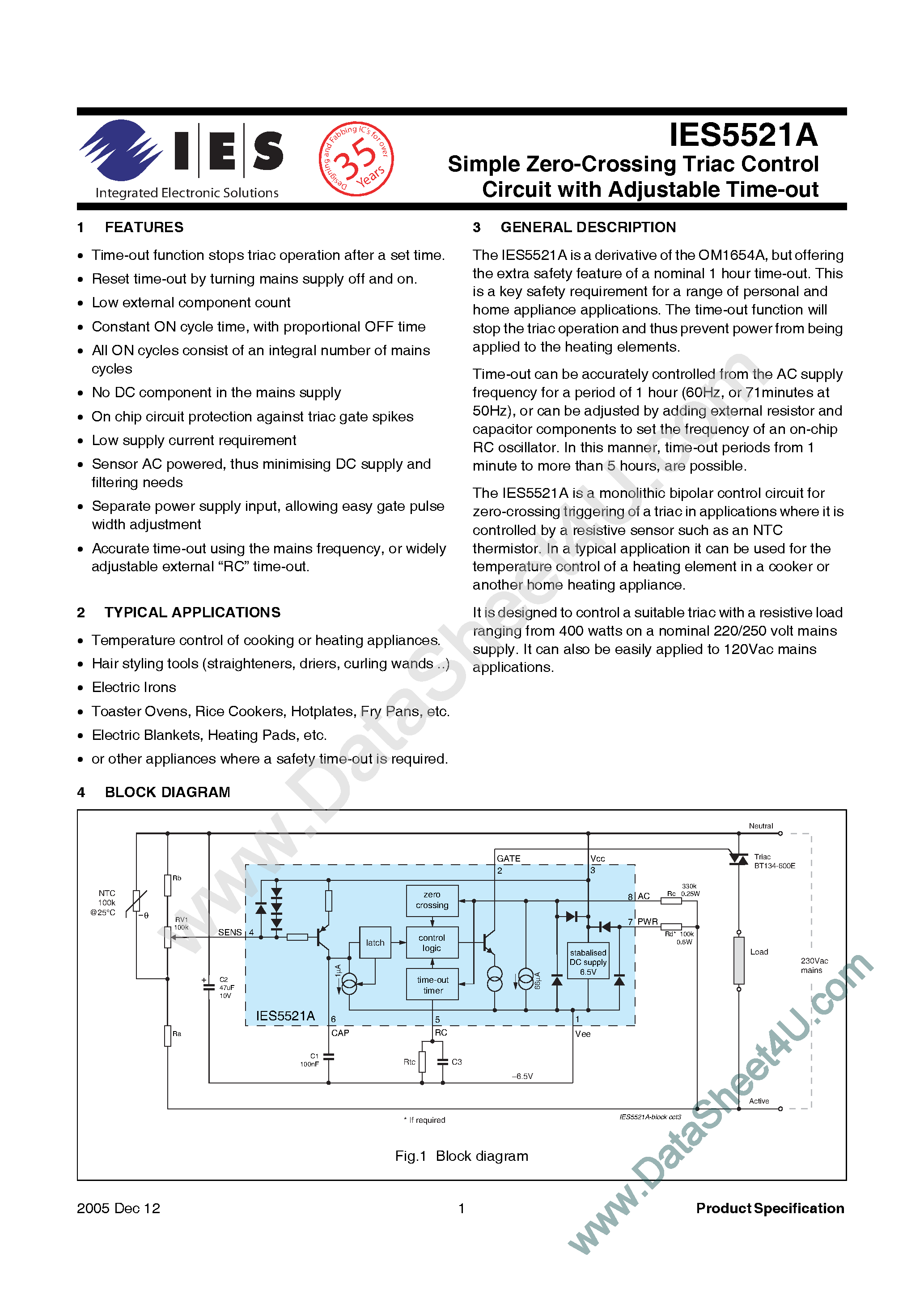Datasheet IES5521A - Simple Zero Crossing Triac Control Circuit page 1