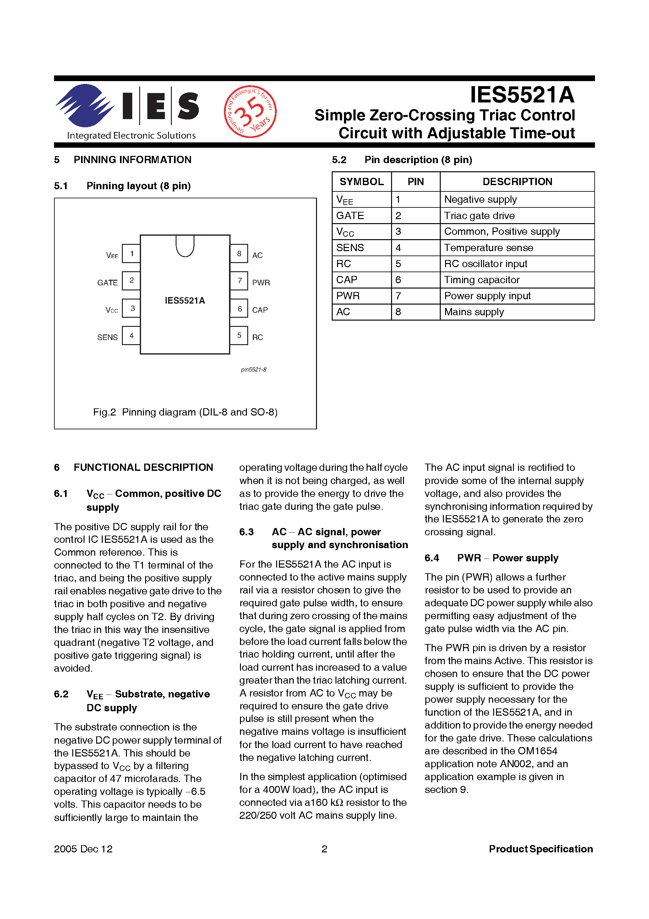 Datasheet IES5521A - Simple Zero Crossing Triac Control Circuit page 2