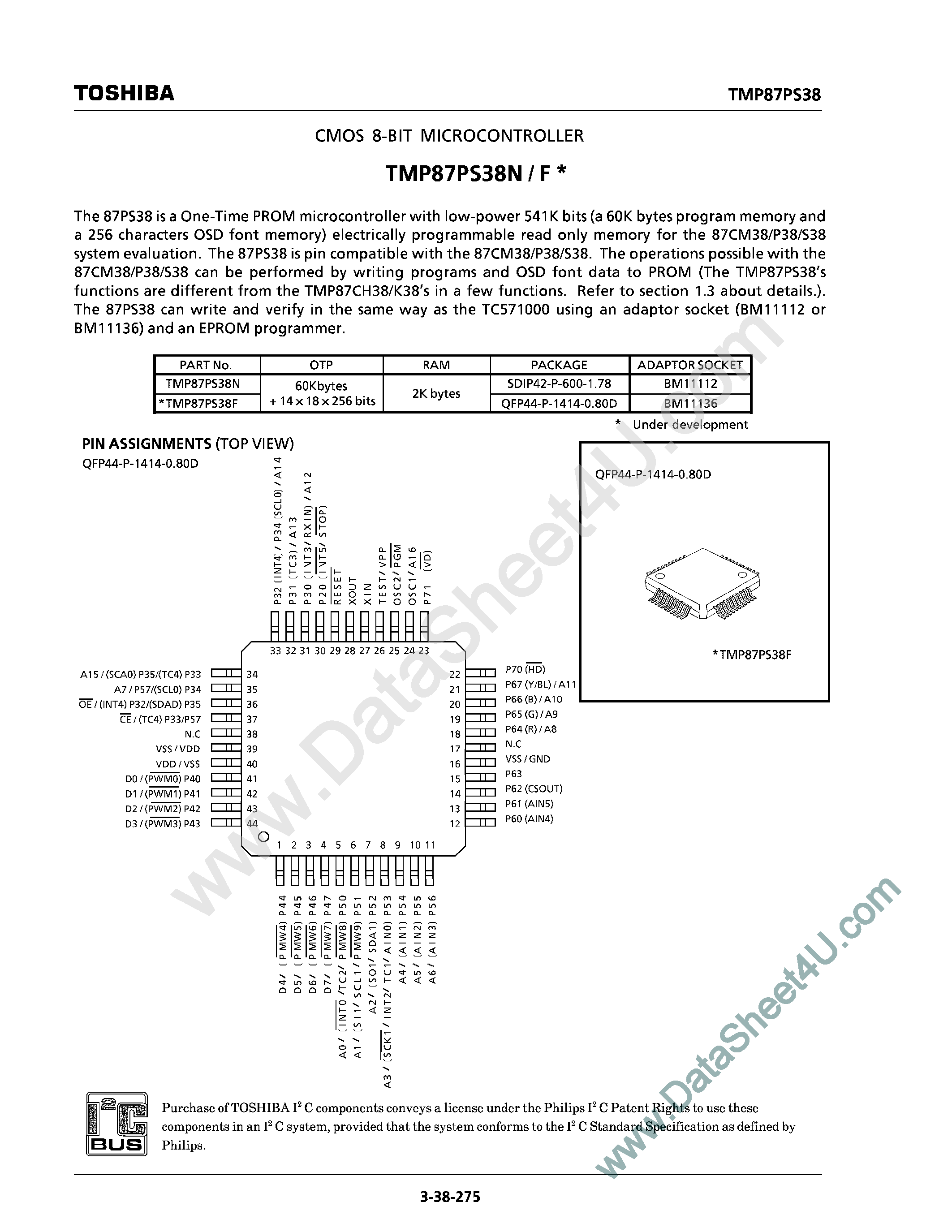 Datasheet TMP87PS38F page 1 Datasheet TMP87PS38F - (TMP87PS38F/N) CMOS 8-Bit Microcontroller page 1