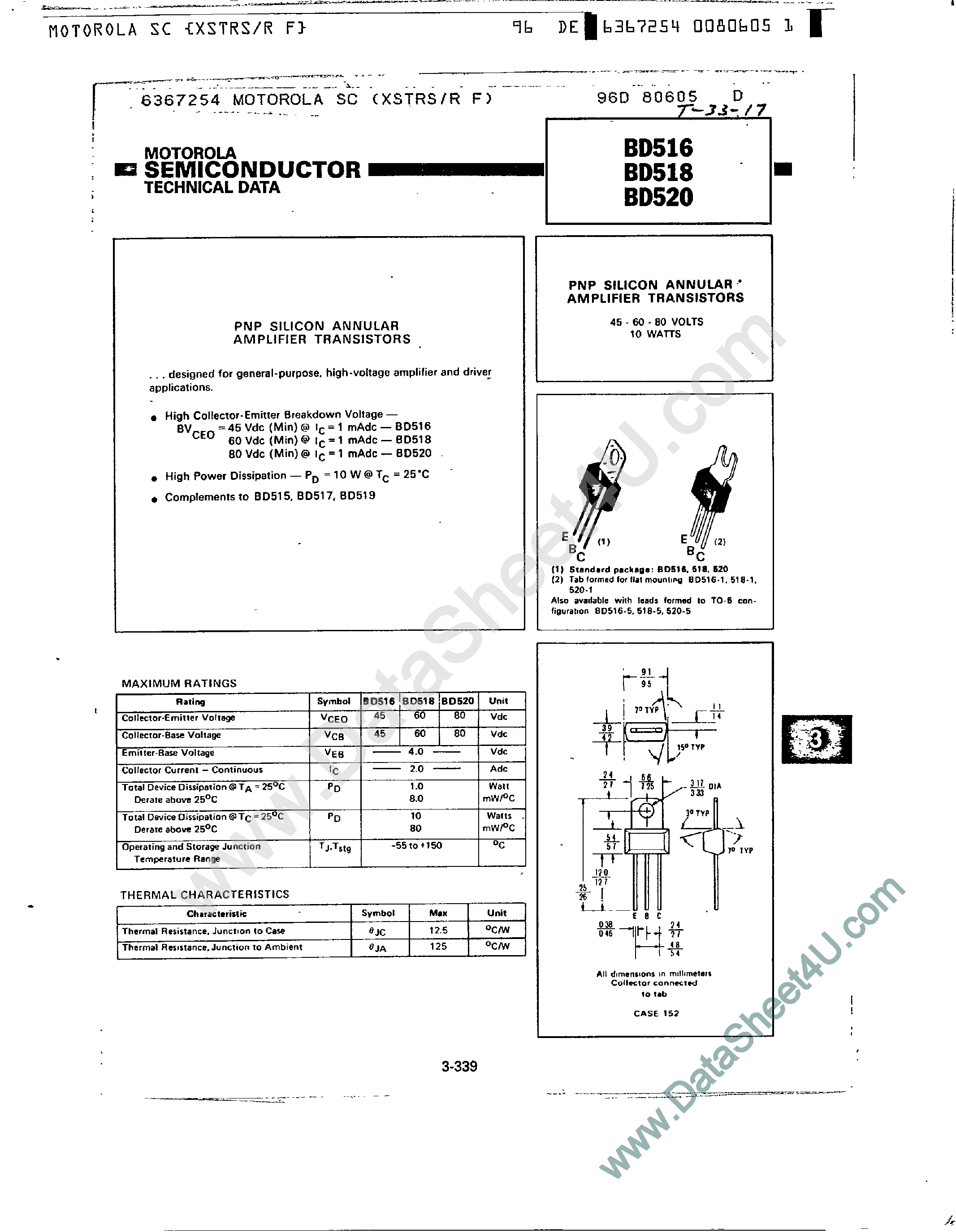 Даташит на микросхему BD516 страница 1 Даташит BD516 - (BD516 - BD520) PNP Silicon Annular Amplifier Transistors страница 1