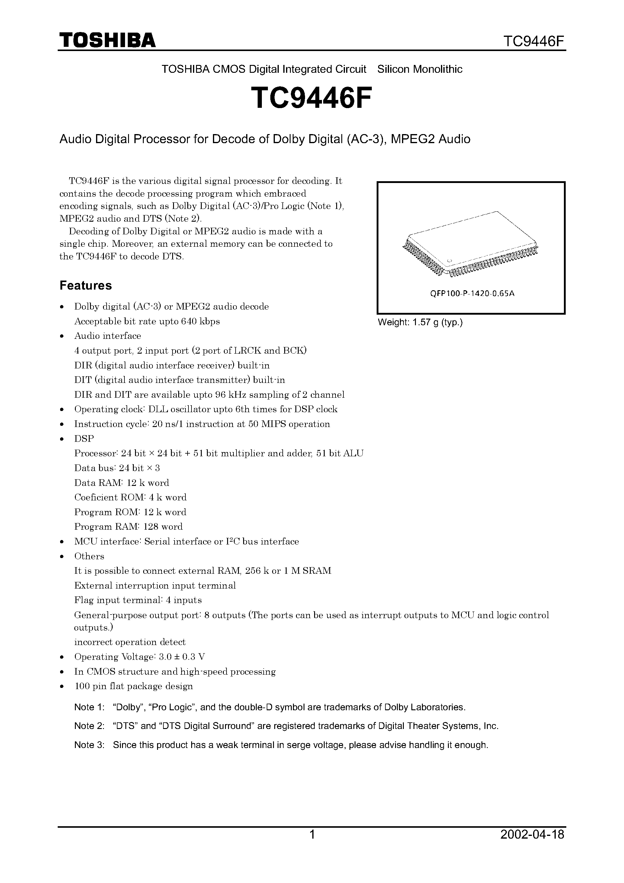 Datasheet TC9446F - Audio Digital Processor for Decode of Dolby Digital (AC-3) / MPEG2 Audio page 1