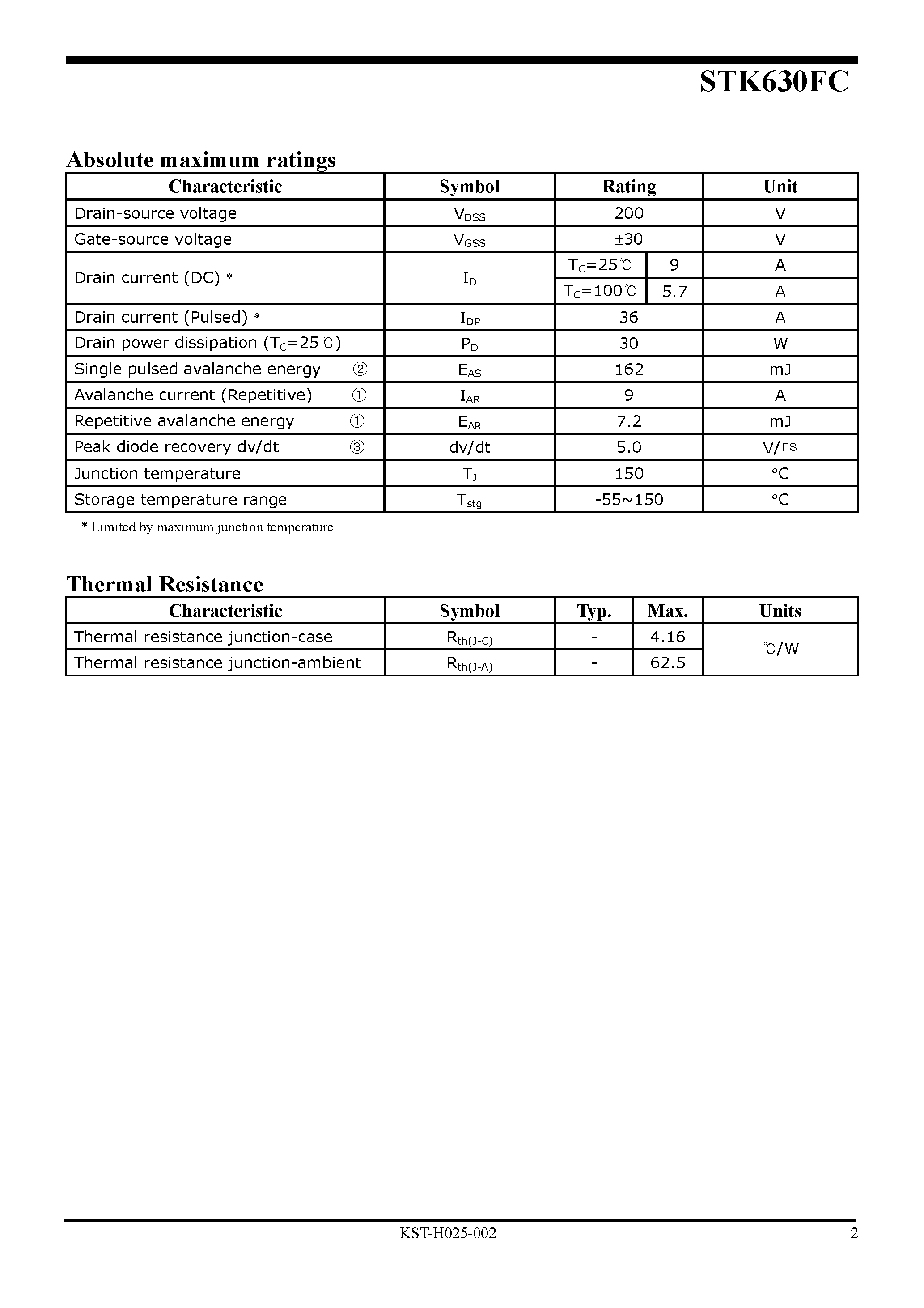 Datasheet STK630FC page 2 Datasheet STK630FC - Power MOSFET page 2