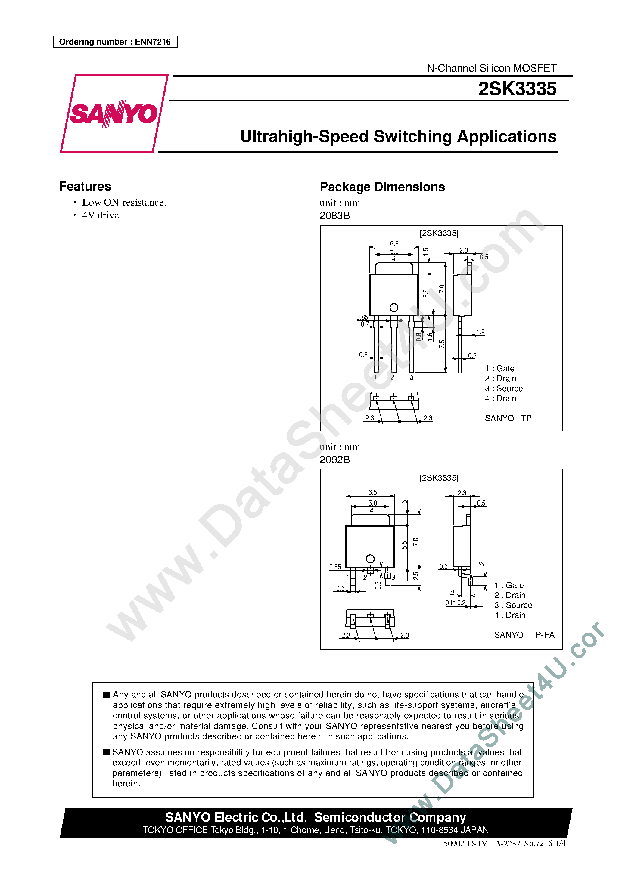 Даташит 2SK3335 - Ultrahigh Speed Switching Applications страница 1