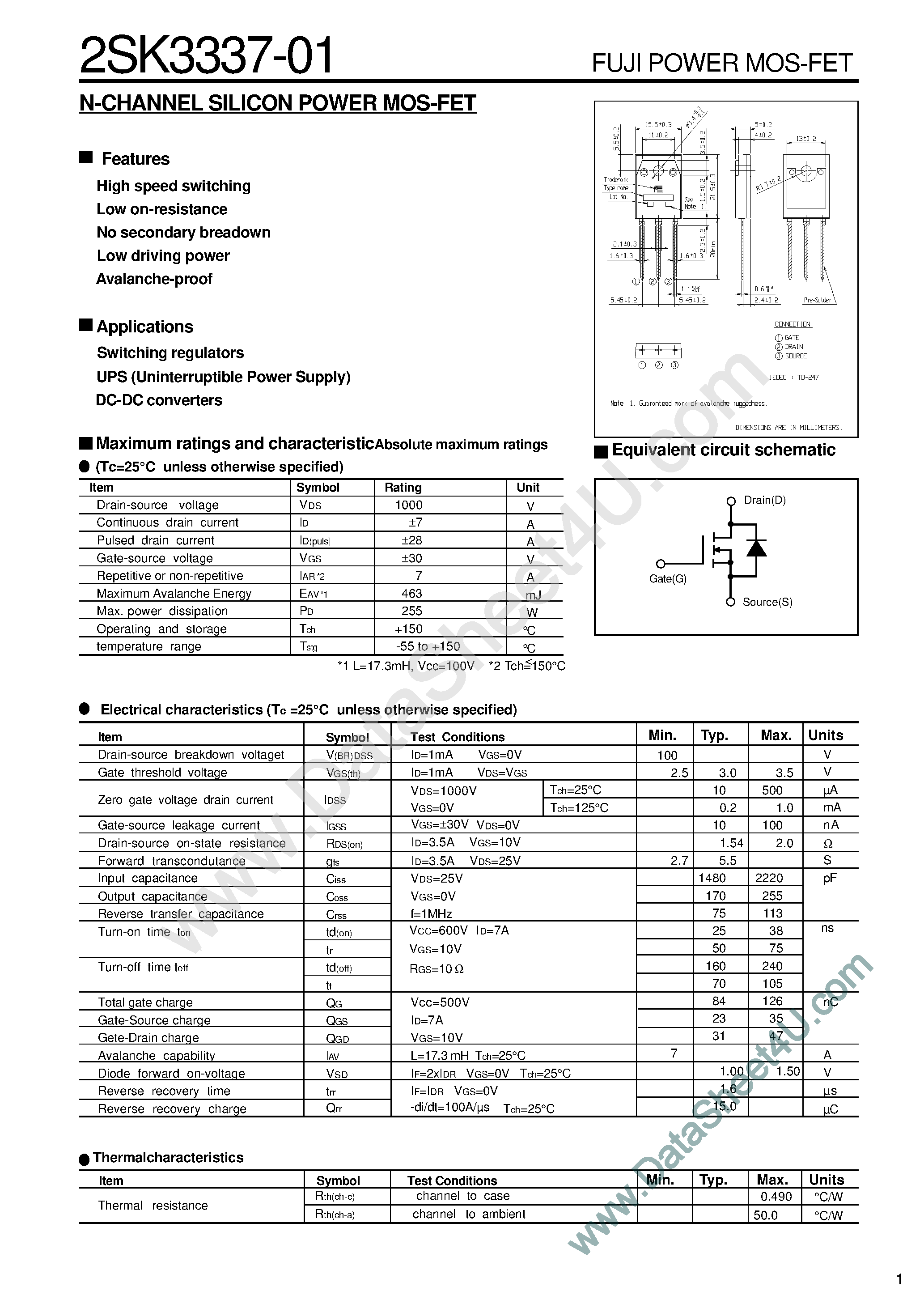 Datasheet 2SK3337-01 - N-CHANNEL SILICON POWER MOS-FET page 1