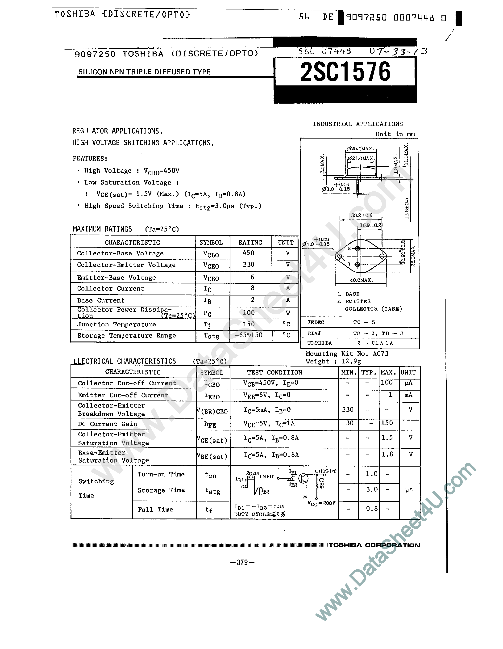 Даташит 2SC1576 - High Voltage Switching Applications страница 1