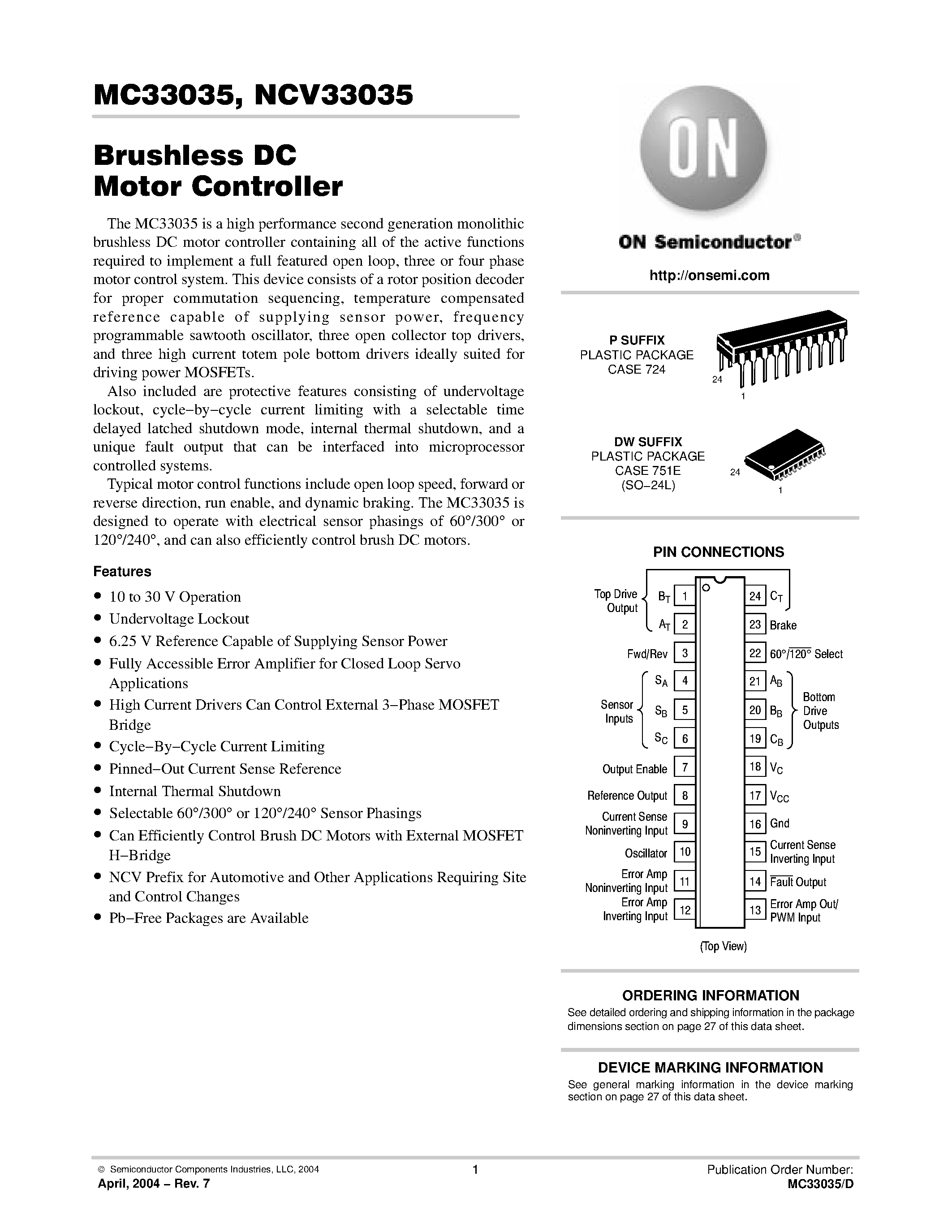 Даташит MC33035 - BRUSHLESS DC MOTOR CONTROLLER страница 1