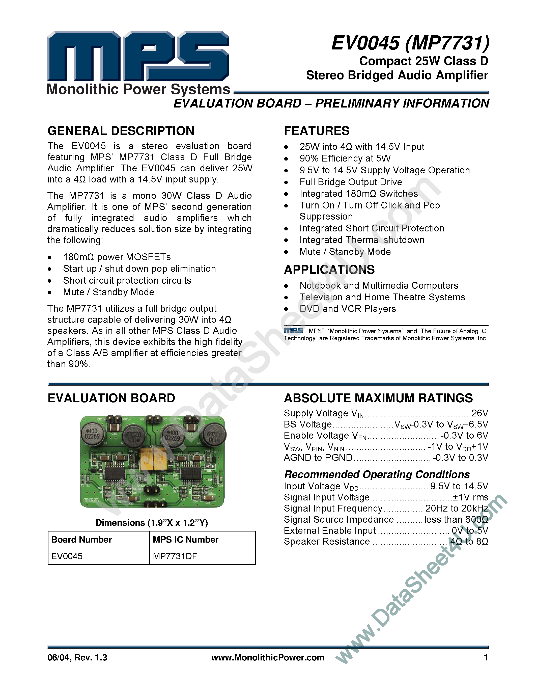 Даташит MP7731 - Stereo Bridge Audio Amplifier страница 1