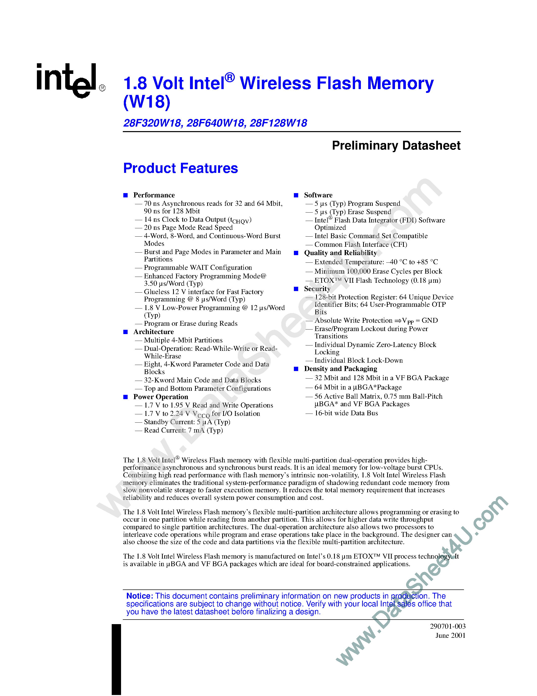 Datasheet 28F128W18 - (28FxxxW18) 1.8 V Wireless Flash Memory page 1