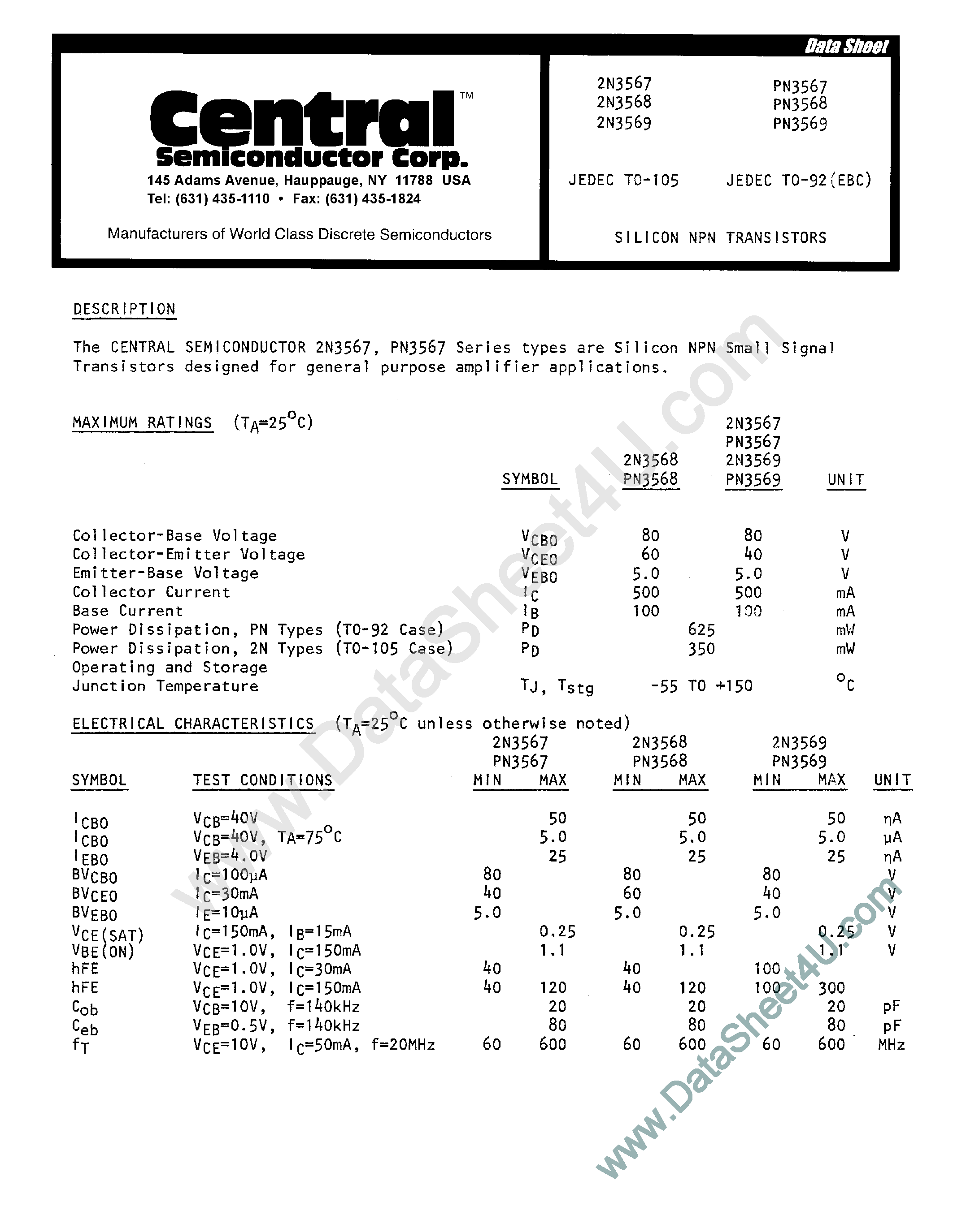 Datasheet 2N3567 page 1 Datasheet 2N3567 - (2N3567 - 2N3569) Silicon NPN Transistors page 1