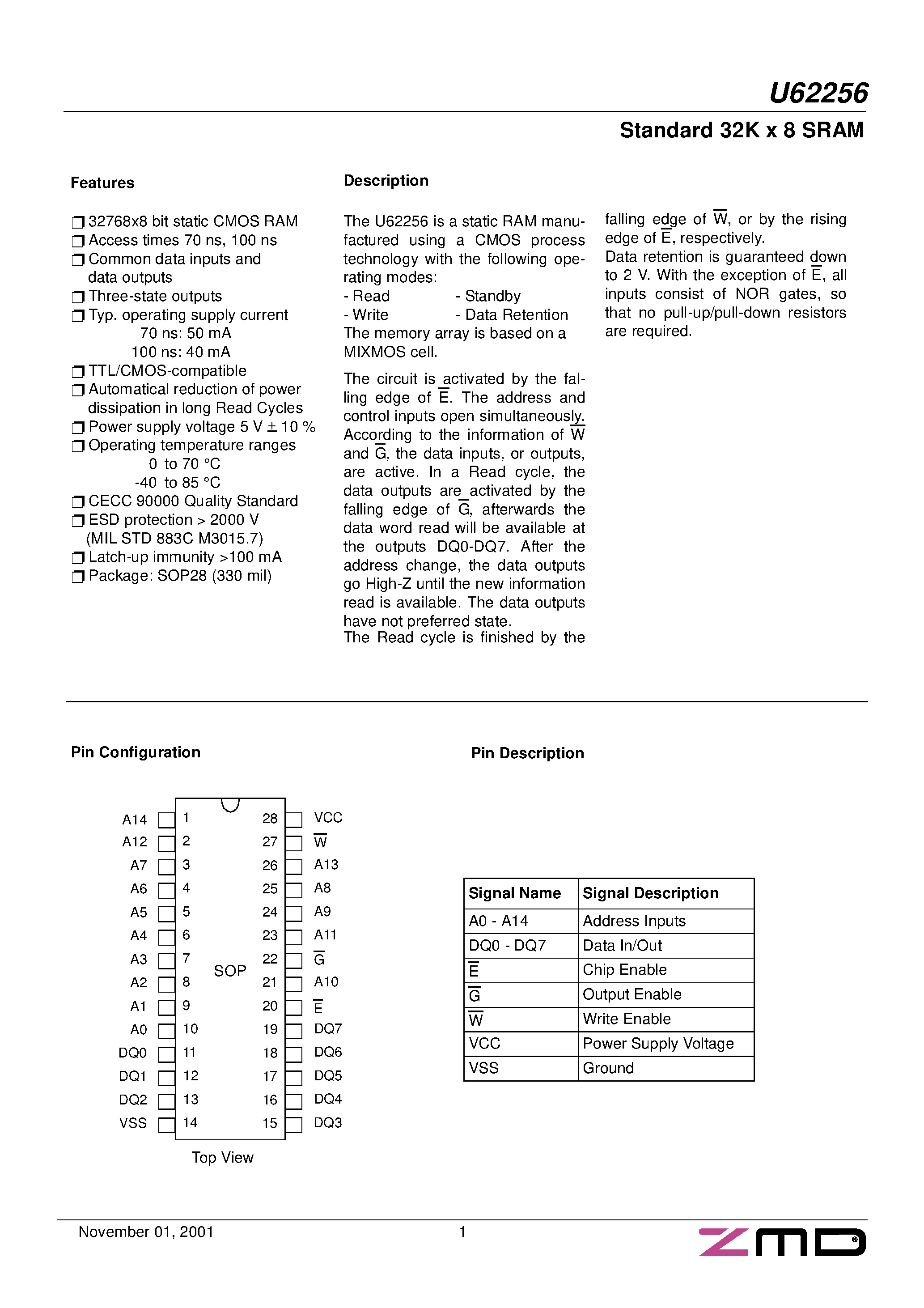 Даташит U62256 - STANDARD 32K X 8 SRAM страница 1