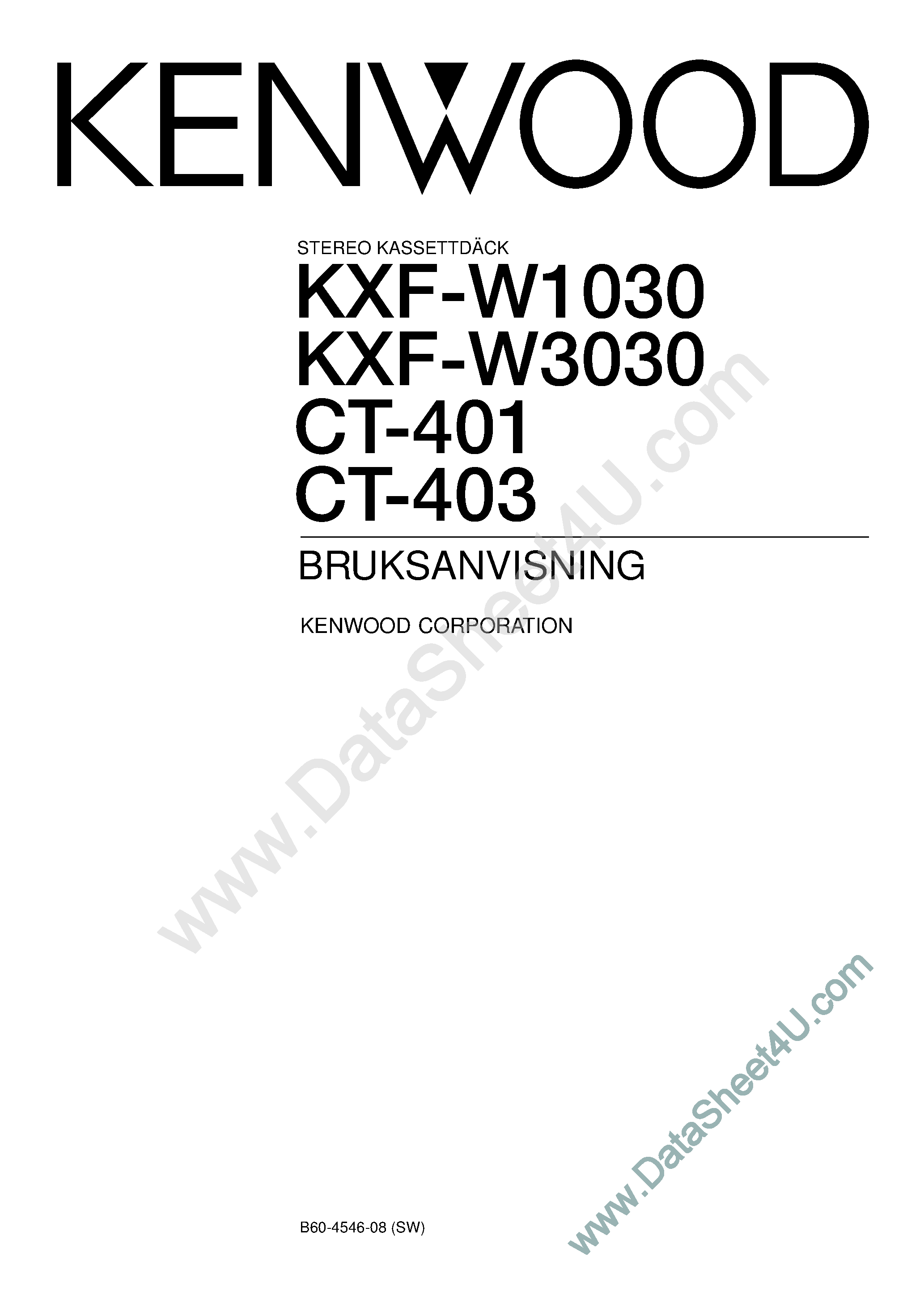 Даташит KXF-W1030 - (KXF-W1030 / KXF-W3030) Stereo Cassette страница 1