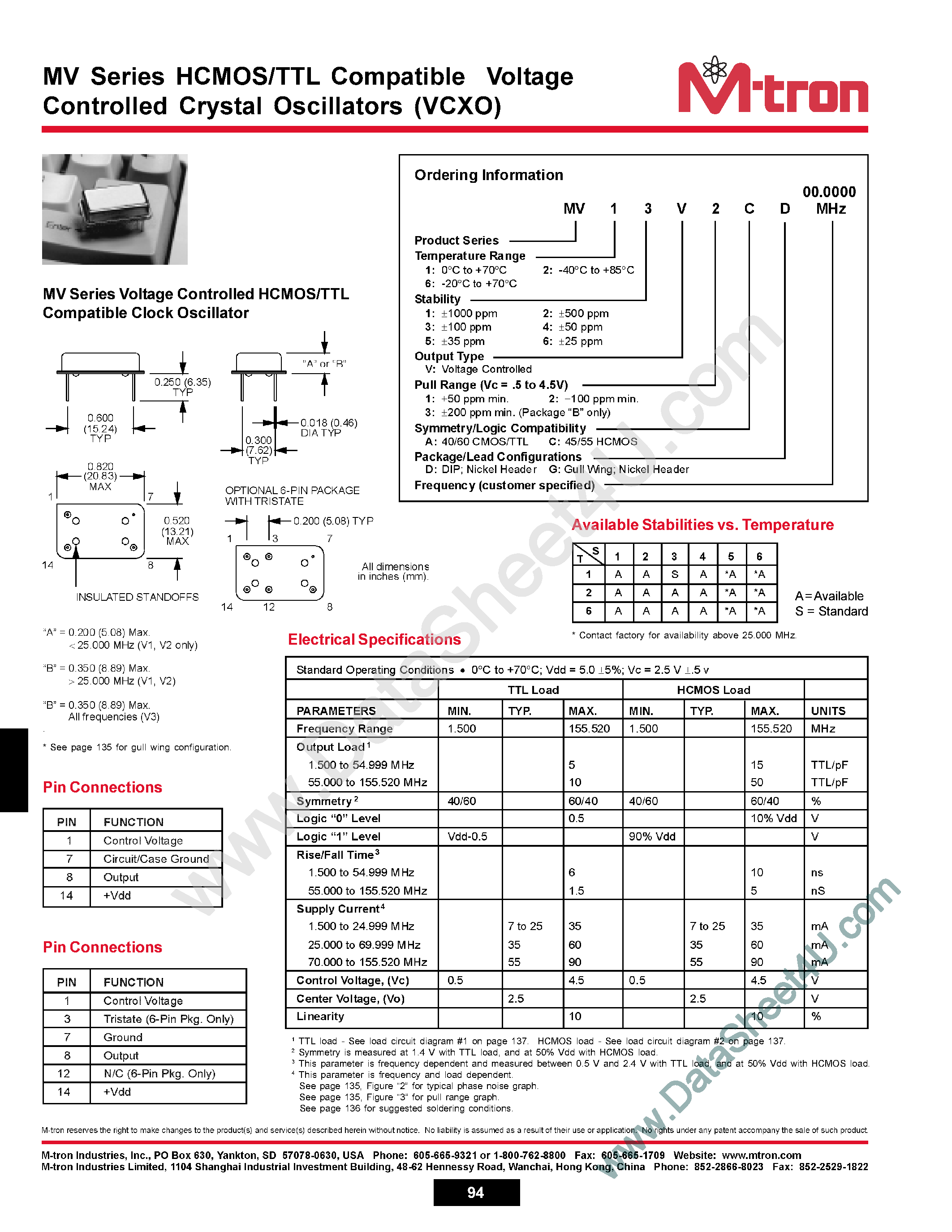 Даташит MV21Vxxx - MV Series HCMOS/TTL Compatible Voltage Controlled Crystal Oscillators страница 1