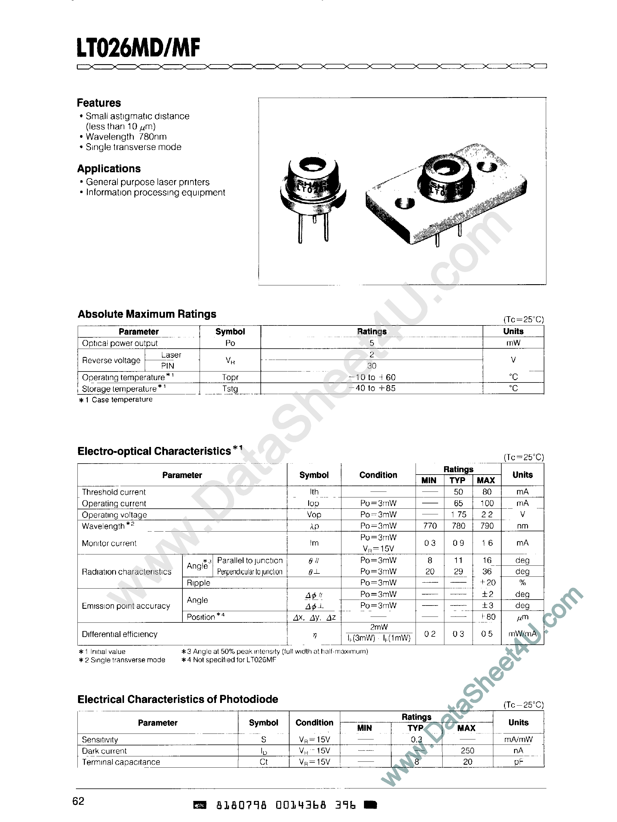 Datasheet LT026MD - (LT026MD/MF) LASER DIODE W/MONITOR page 1