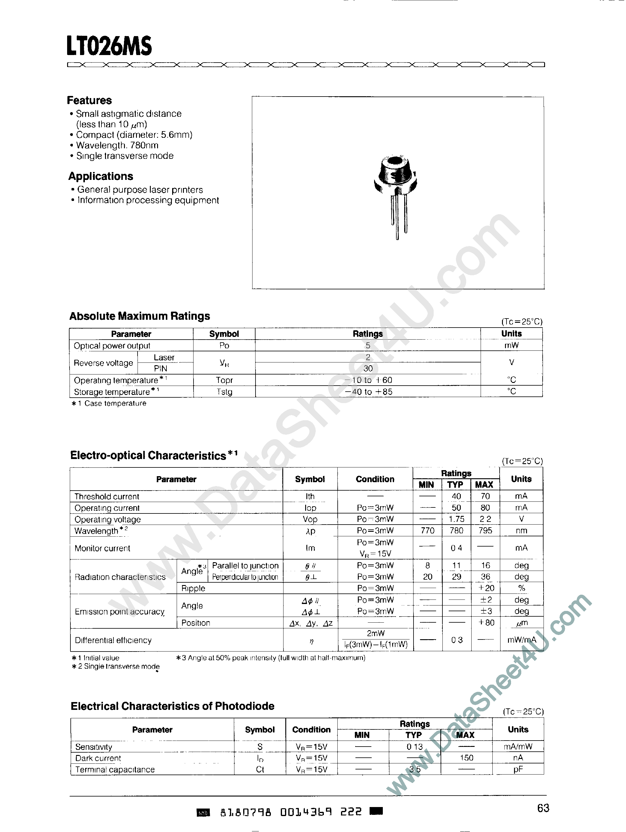 Datasheet LT026MS - LASER DIODE W/MONITOR page 1