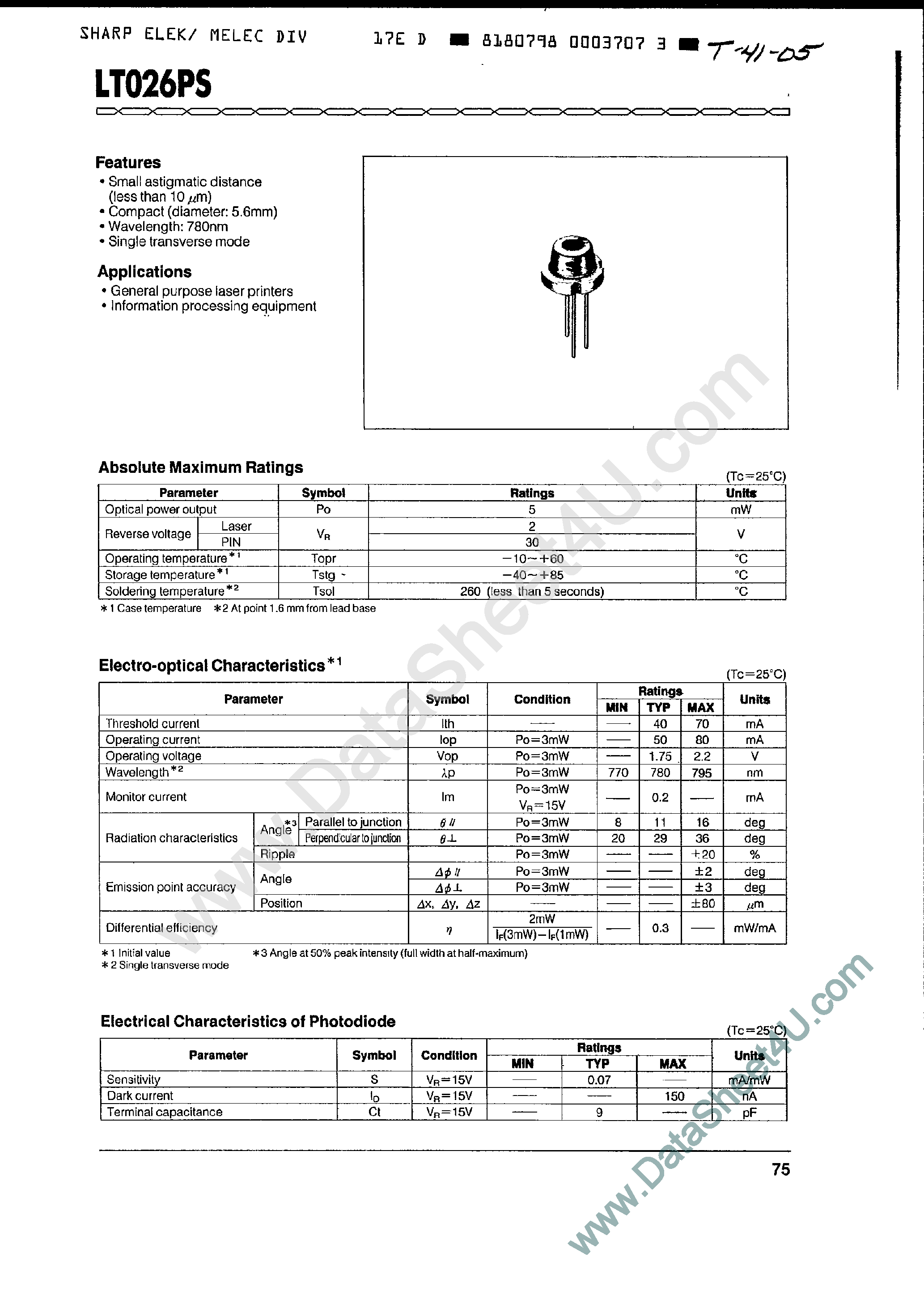 Datasheet LT026PS - LASER DIODE W/MONITOR page 1