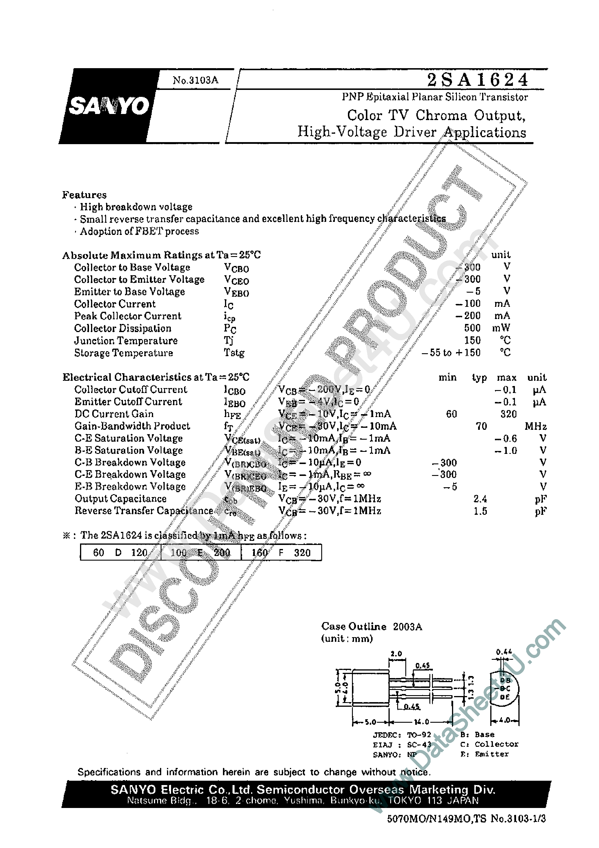 Datasheet 2SA1624 - PNP EPITAXIAL PLANAR SILICON TRANSISTOR page 1