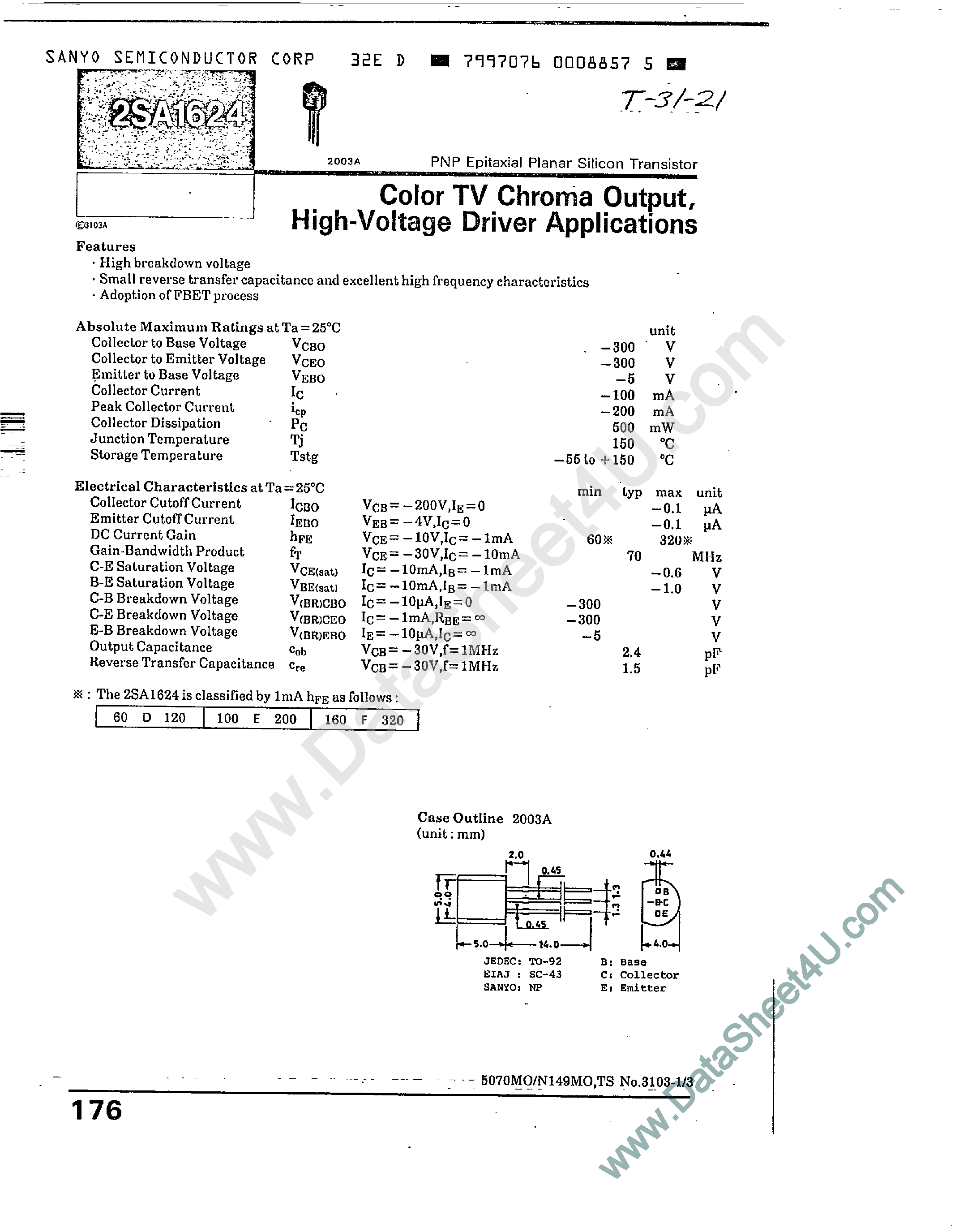 Datasheet 2SA1624 - Color TV Chroma Output / High Voltage Driver Applications page 1