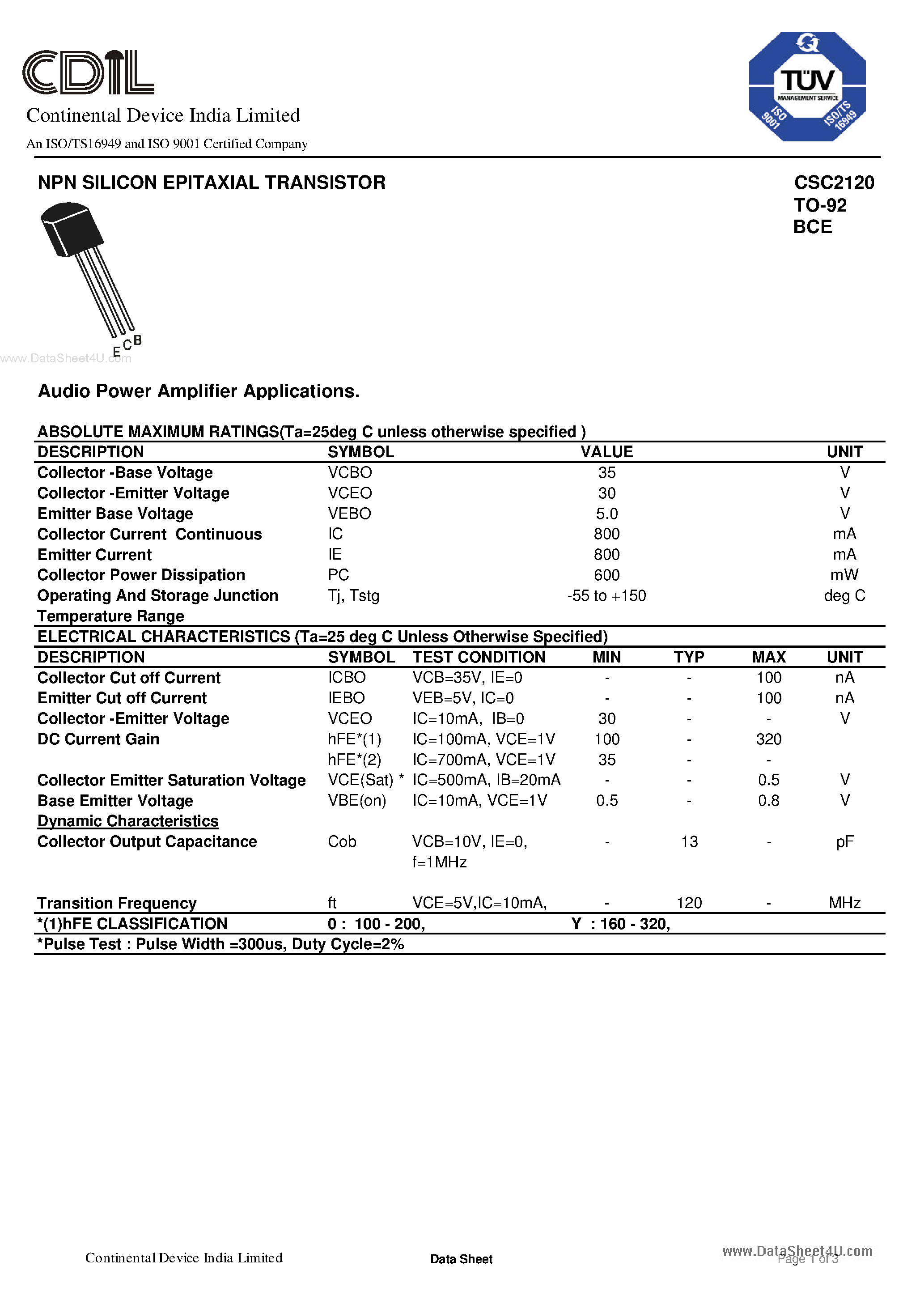 Datasheet C2120Y page 1 Datasheet C2120Y - Search -----> 2SC2120Y / CSC2120Y page 1