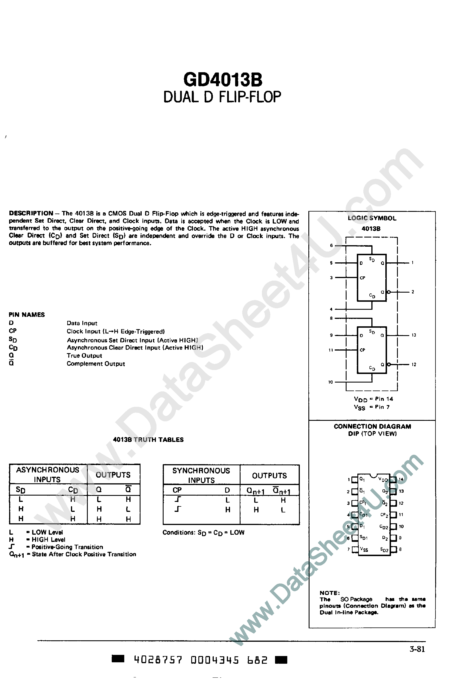 Datasheet GD4013B - Dual D Flip-Flop page 1