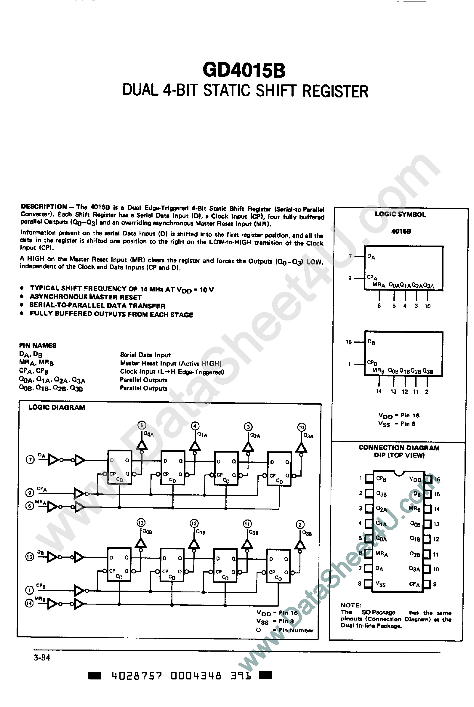 Datasheet GD4015B - Dual 4-Bit Static Shift Register page 1