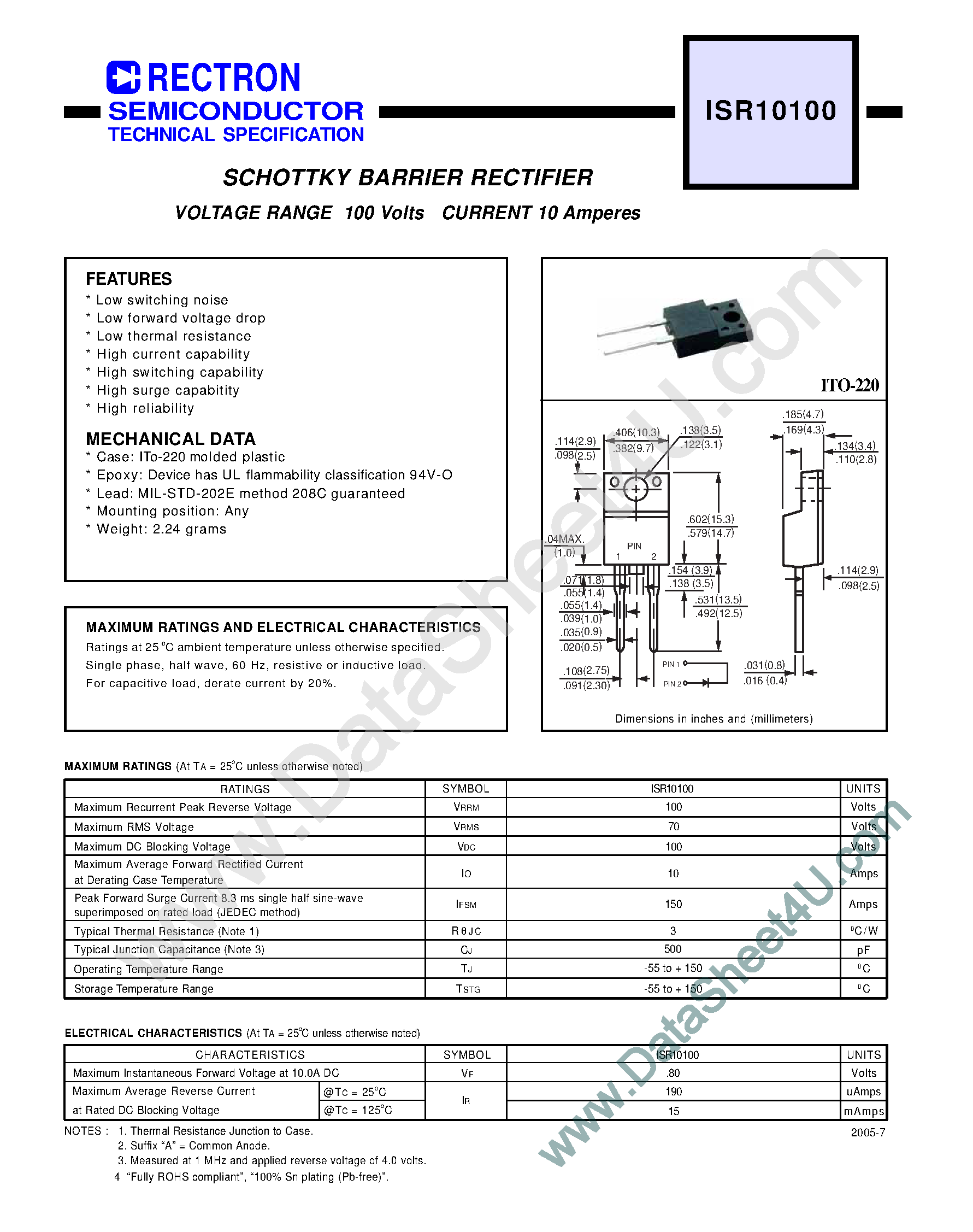 Datasheet ISR10100 - SCHOTTKY BARRIER RECTIFIER VOLTAGE RANGE 100 Volts CURRENT 10 Amperes page 1