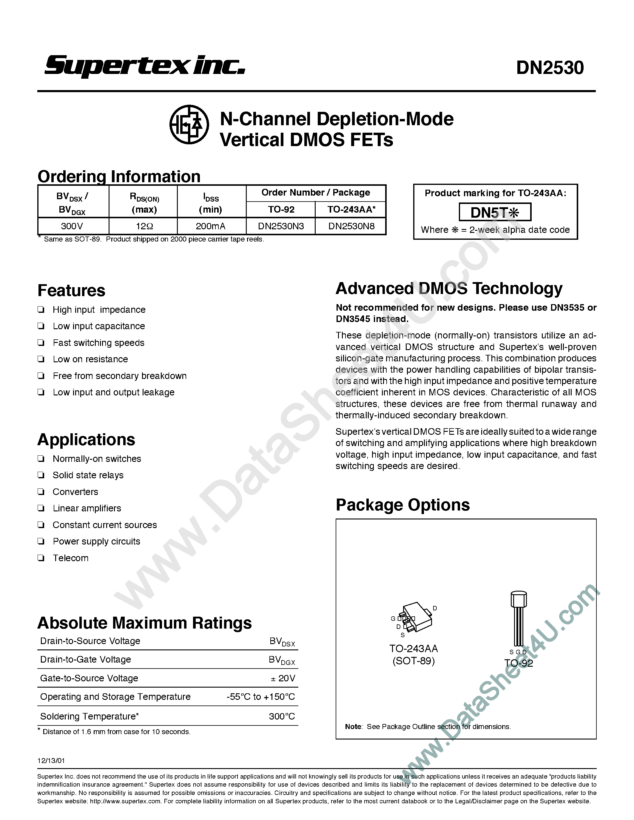 Даташит на микросхему DN2530 страница 1 Даташит DN2530 - N-Channel Depletion-Mode Vertical DMOS FETs страница 1