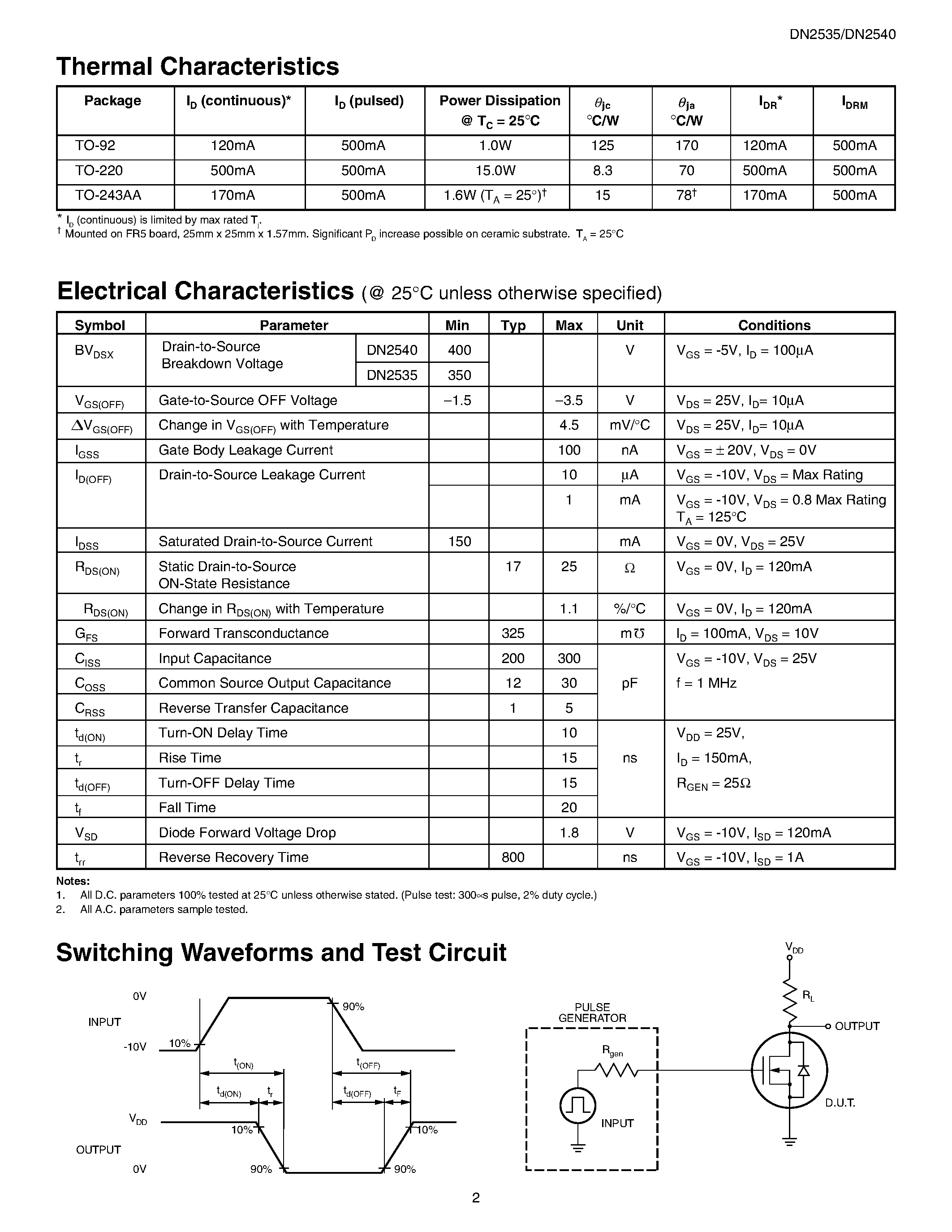 Даташит на микросхему DN2540 страница 2 Даташит DN2540 - (DN2535 / DN2540) N-Channel Depletion-Mode Vertical DMOS FETs страница 2