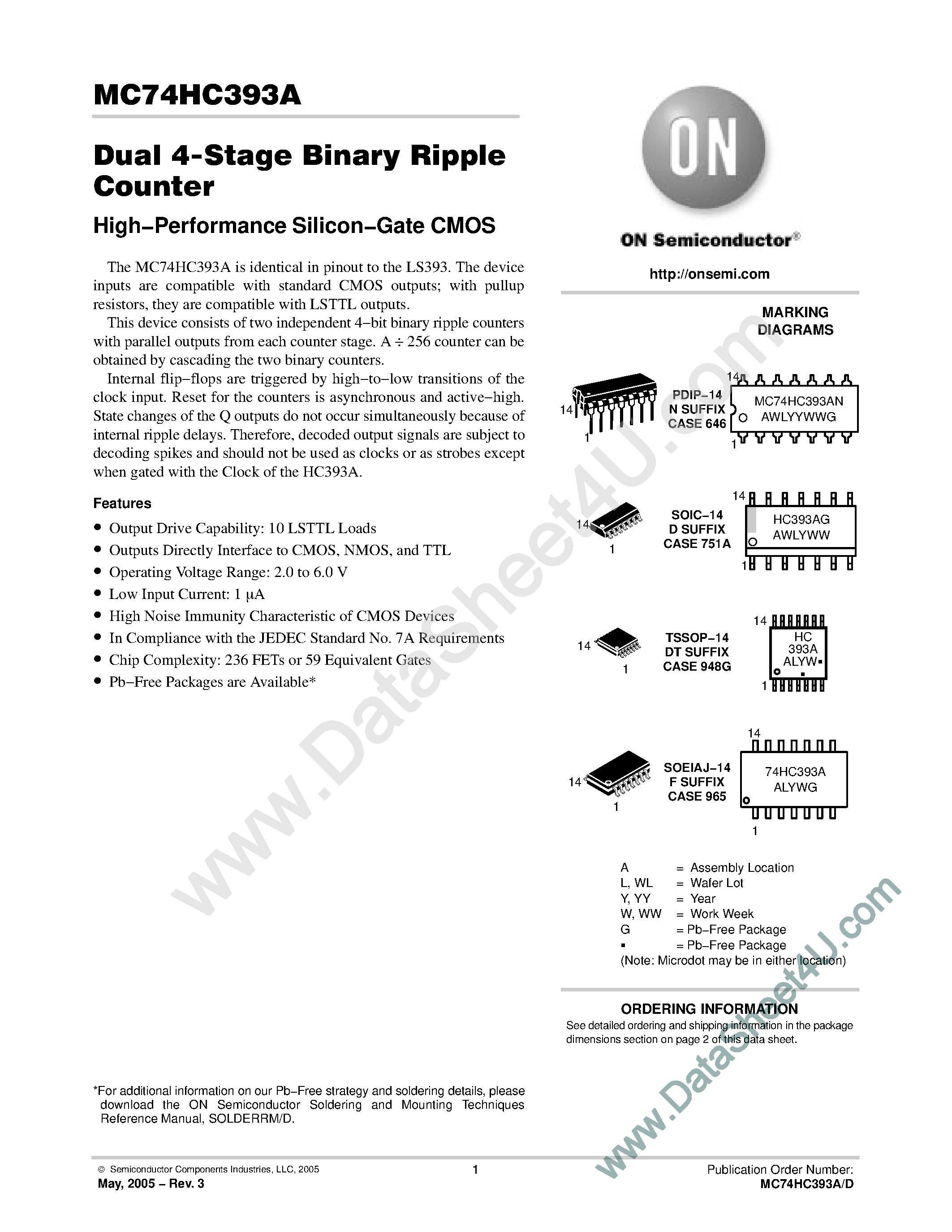 Datasheet MC74HC393A - Dual 4-Stage Binary Ripple Counter page 1
