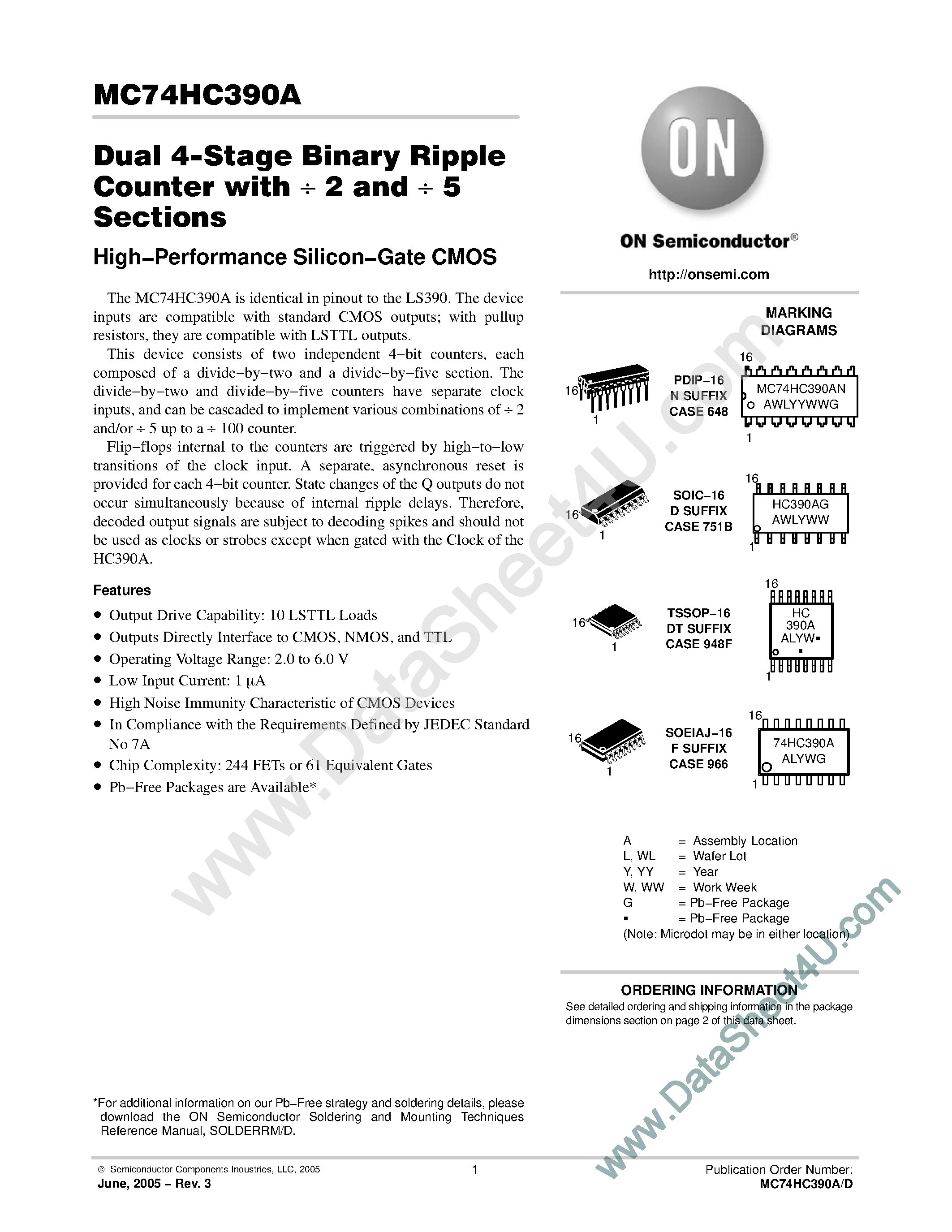 Datasheet MC74HC390A - Dual 4-Stage Binary Ripple Counter page 1