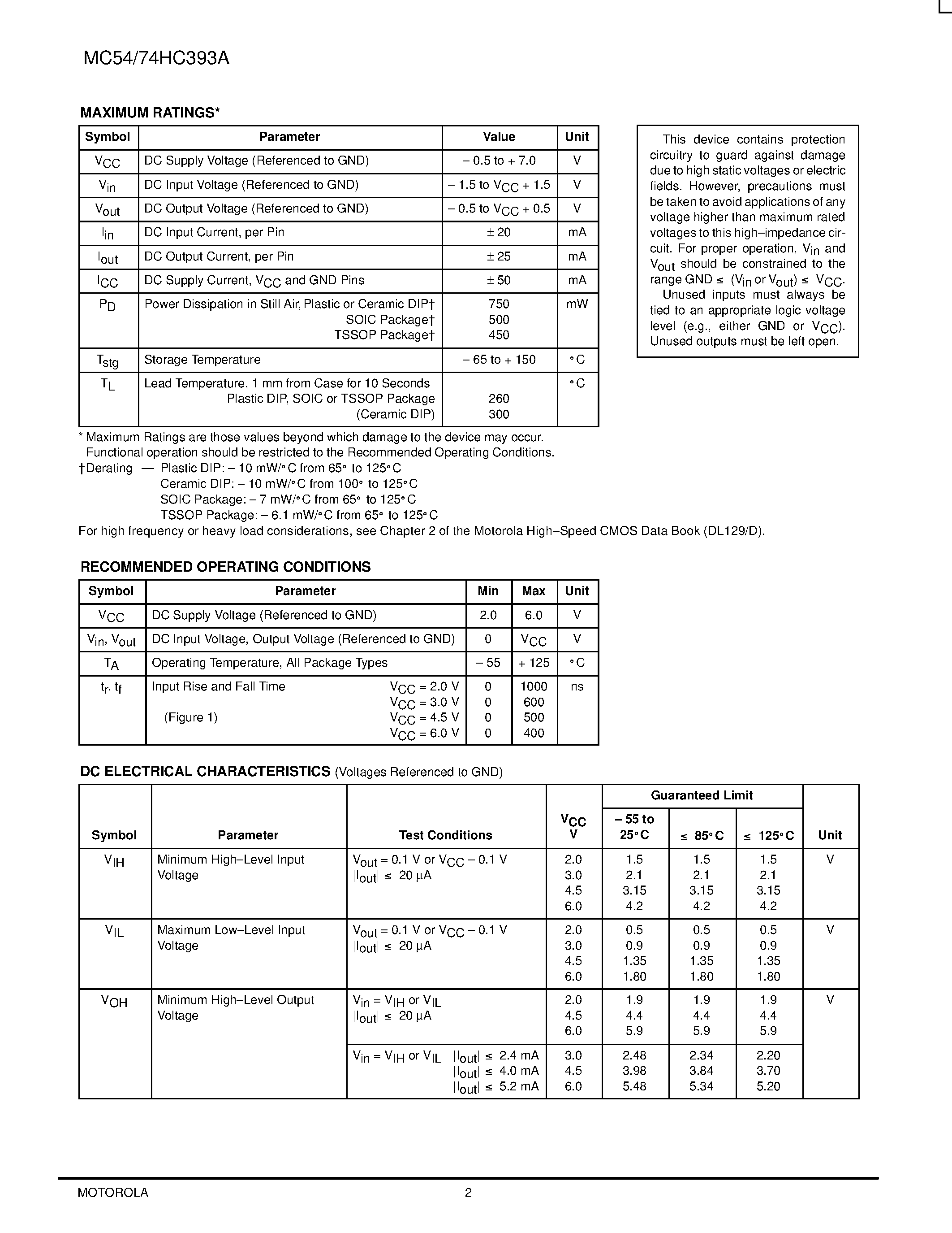 Datasheet MC74HC393A - Dual 4-Stage Binary Ripple Counter page 2